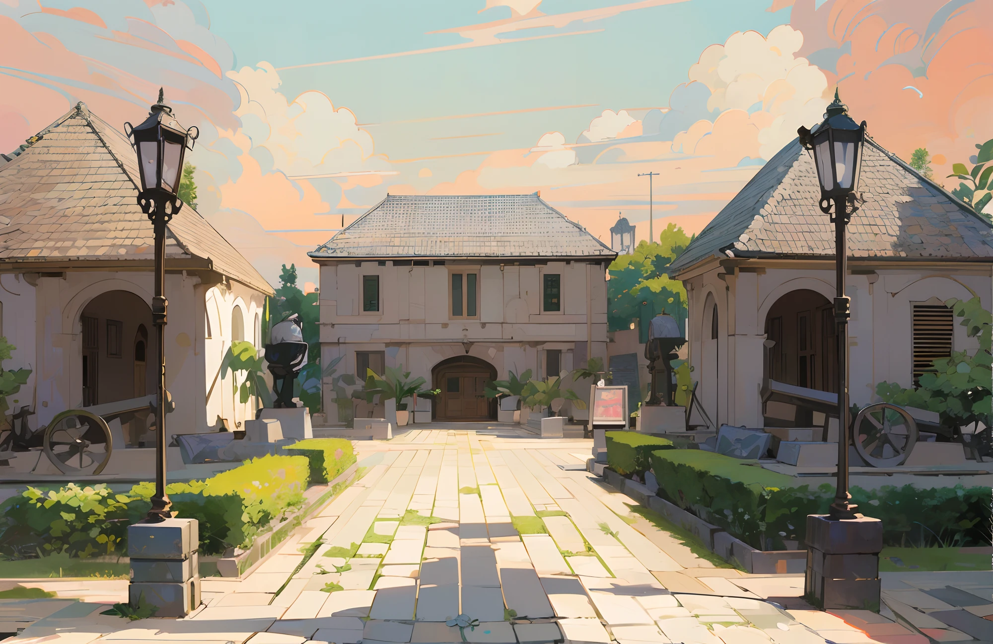 (anime style background, anime background illustration:2), blue sky, clouds, there is a colonial style building in the middle, two colonial tyle buildings on the sides of the walkway, (two black statues on the side), (two canons on the side of the walkway), (classsic street lamps), historical setting, arsitektur nusantara, exterior view, jakarta, frontview, beautiful image, museum, (museum setting), historical image, south jakarta, (colonial house in background), preserved historical, (colonial:1.2), (very symmetrical), entrance, mansion, botanical garden, front view,