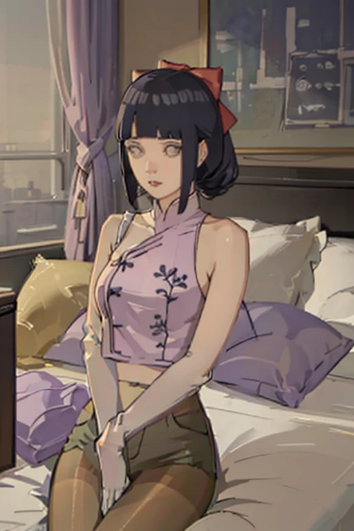 (((1 girl)),ray tracing,(dim lighting),[detailed background (bedroom)),((purple hair)),((purple hair)),(Fluffy purple hair, plump slender girl)) with high ponytail)))) Avoid blonde eyes in the ominous bedroom ((((Girl wears intricately embroidered black high-waisted pants with pantyhose) and white ruffled bow gloves), showing a delicate slim figure and graceful curves, correct limbs, sitting on the bed