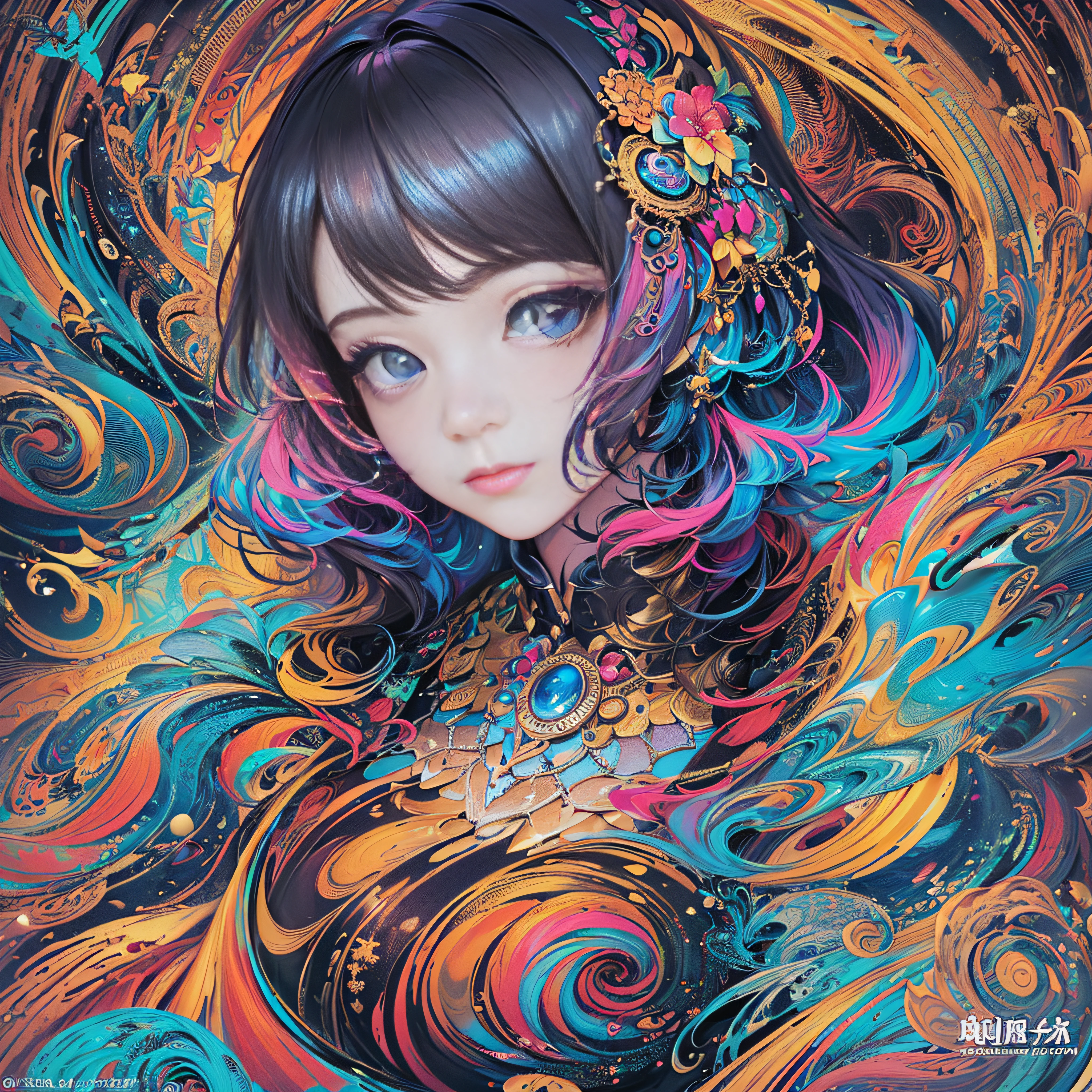 (masterpiece、top-quality、top-quality、Official art、Beautifully Aesthetic:1.2)、Highly detailed fractal art、(colourfull:1.5)、highest details、Zentangle、a closeup、 (1girl in:1.5), 独奏, (dynamicposes), (Abstract background:1.5), (shinny skin),