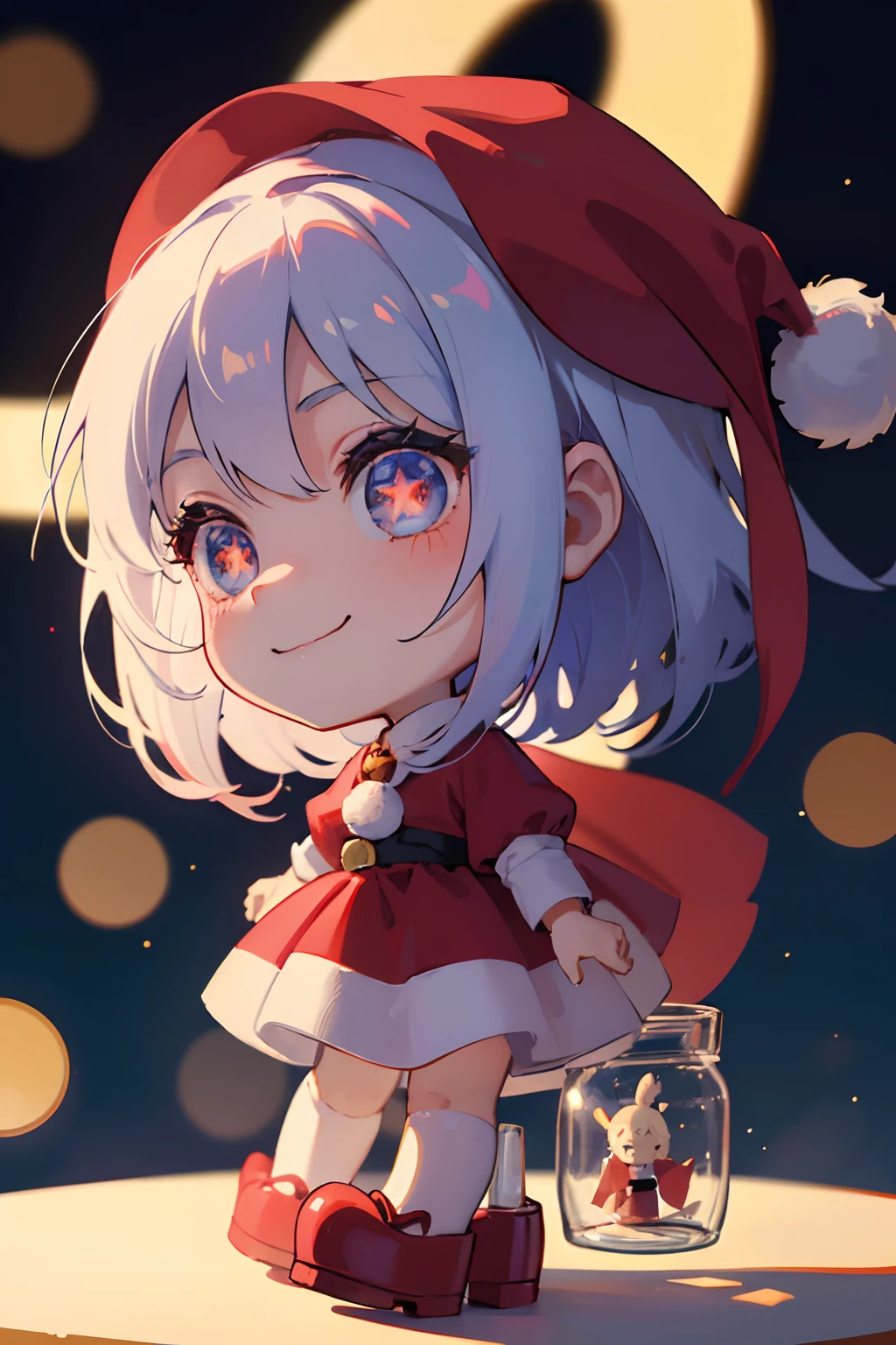 ((top-quality))、 ((masterpiece))、A chibi doll trapped in a magic jar、Dressed as Santa Claus、A smile、Chibi Doll、Stars in the eyes(kirakira)、Eye Up、Laugh、Cute red shoes、 radiant light、bio luminescent、Taken from the side、Stronger bokeh effect