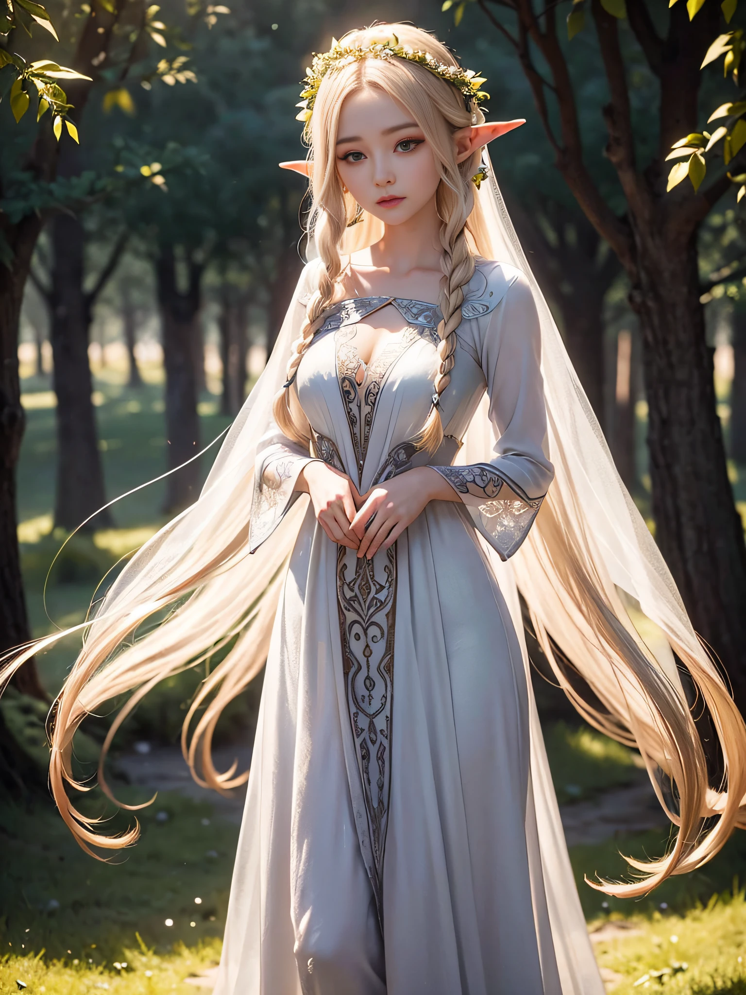 Graceful elven girl standing in meadow, Delicate face illuminated by the soft light of the setting sun. Her long, Flowing hair runs down your back, Decorated with intricate braids、Adorned with sparkling gemstones. This great photo is、、、It captures the ethereal beauty of elves. Slender figure in silk dress、Swaying in the soft steppe breeze. Attention to detail、Face that is、Face that is、Face that is、Face that is、It is evident in the intricate patterns of the dress and the subtle highlights of the luminescence. skin. The breathtaking portrayal of the elven girl is、、、、、Create an enchanting atmosphere、It invites the viewer to a magical world.