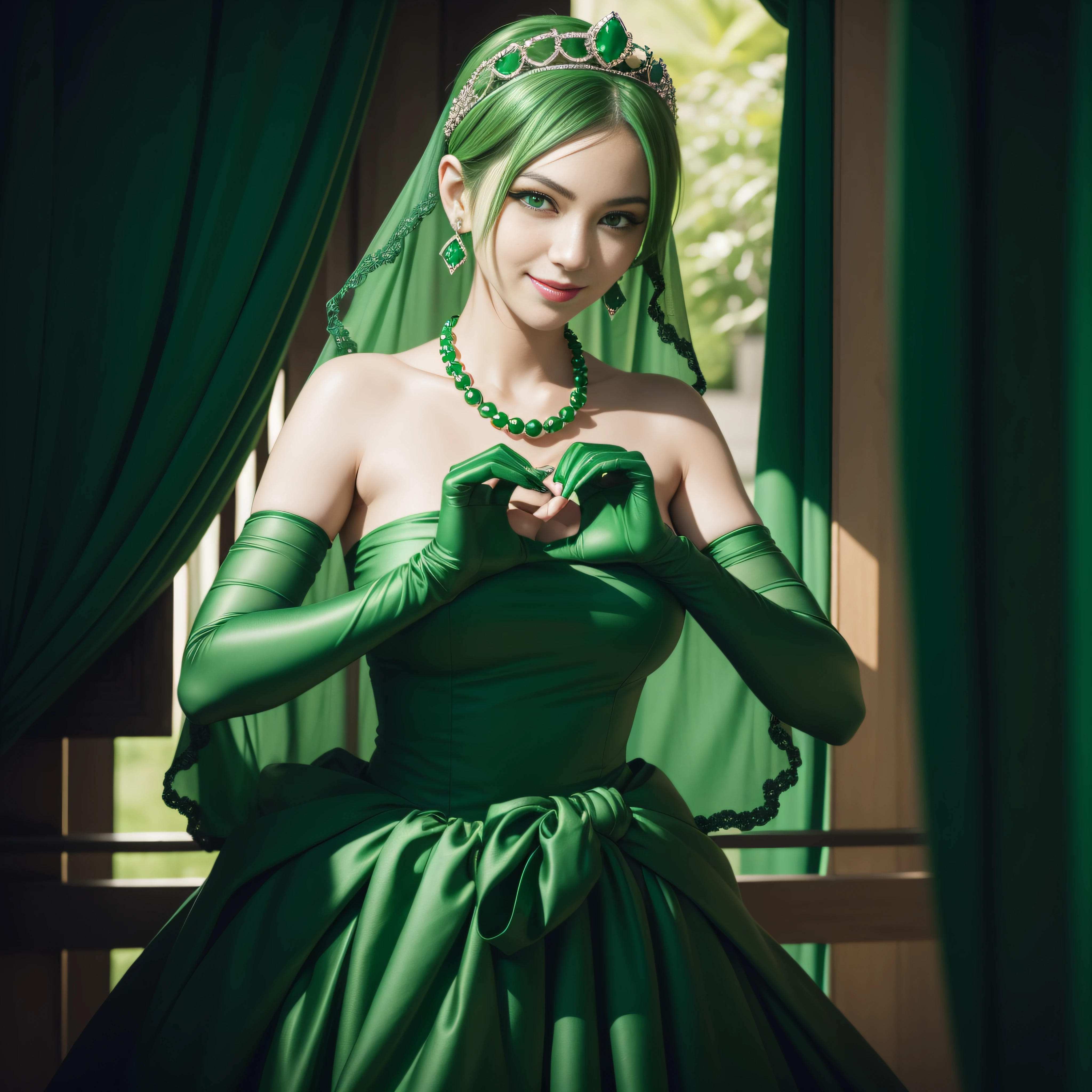 emerald tiara, Green Pearl Necklace, Boyish very short green hair, lipsticks, Japan woman smiling, very short short hair, big breasts beautiful, Green eyes, Long green gloves made of satin material, Green eyes, Emerald Earrings, green vale, Heart with both hands