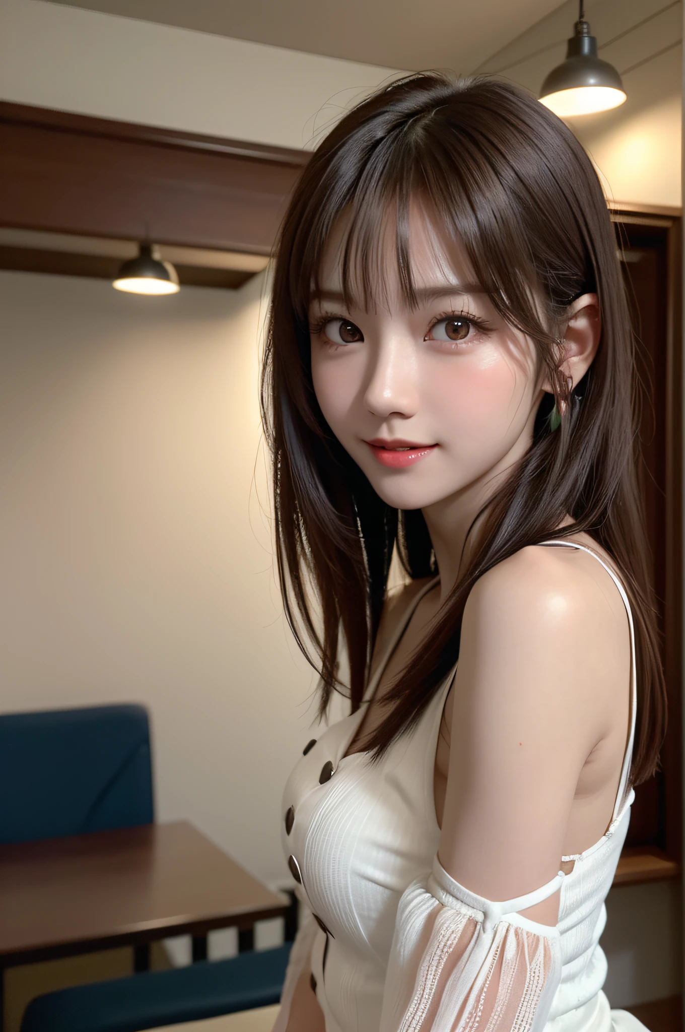 White see-through blouse,Face Interview, (Photo Real:1.4), (hyper realisitic:1.4), (realisitic:1.3), (Smooth lighting:1.05), (Improve video lighting quality:0.9), 1womanl, a 20 yo woman, Realistic lighting, Back lighting, Facial light, raytrace, (cheerfulness:1.2), (Improved image quality:1.4), (Finest Real Textured Skins), finely eye, a small face, Red cheeks, skinny body, medium-breasted pointed jaws,,,,,,, Korean Idol, Nogizaka Idol, glowy skin, hposing Gravure Idol, P, Blunt bangs, light brown hair, hair behind ear, hair over shoulder, Long hair,Tear bag，。Kuroko under the eyes、Old Western-style building、