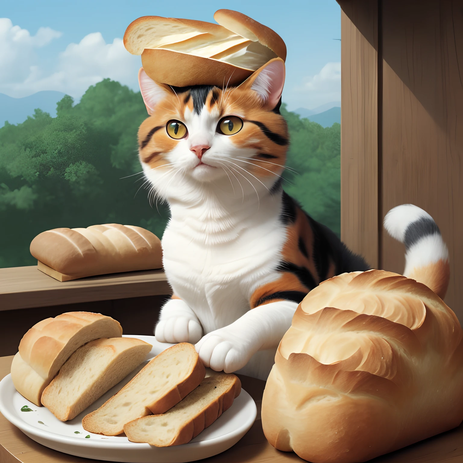 Calico cat with bread on its head