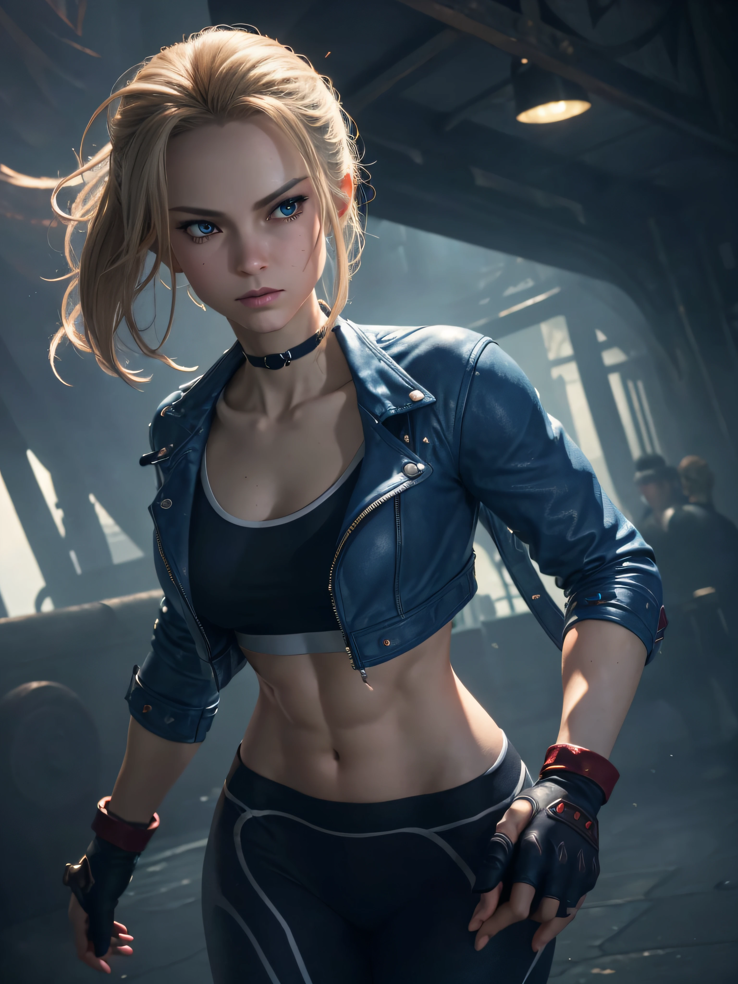 "(exquisitely detailed CG unity 8k wallpaper, masterpiece-quality with stunning realism), (best illumination, best shadow), (best quality), (elegant and demonic style:1.2), (closeup:1) Arti modern anime. angled view, heroic pose, closeup full body portrait medium shot of cammy, navy blue sports bra, light blue open jacket, navy blue yoga pants, red gloves, Abdominal muscle, muscles, (eyes looking at viewer:1.0), abs, depth of field blur effect, night, full zoom, action portrait, photorealistic. cinematic lighting, highly detailed. best quality, 4k, Better hand, perfect anatomy, foreshortening effects, (leaning forward:1) (cute coy flirty sexy expression), foreshortening effect, (piercing eyes:0.8), surrounded by an ominous and dark atmosphere, accentuated by dramatic and striking lighting, imbued with a sense of surreal fantasy", (mature:0.5) (relaxing in london city:1.5) (alone:1.5) (pretty cute face:1.3) (dynamic movement action fight pose:1) (morning:1)