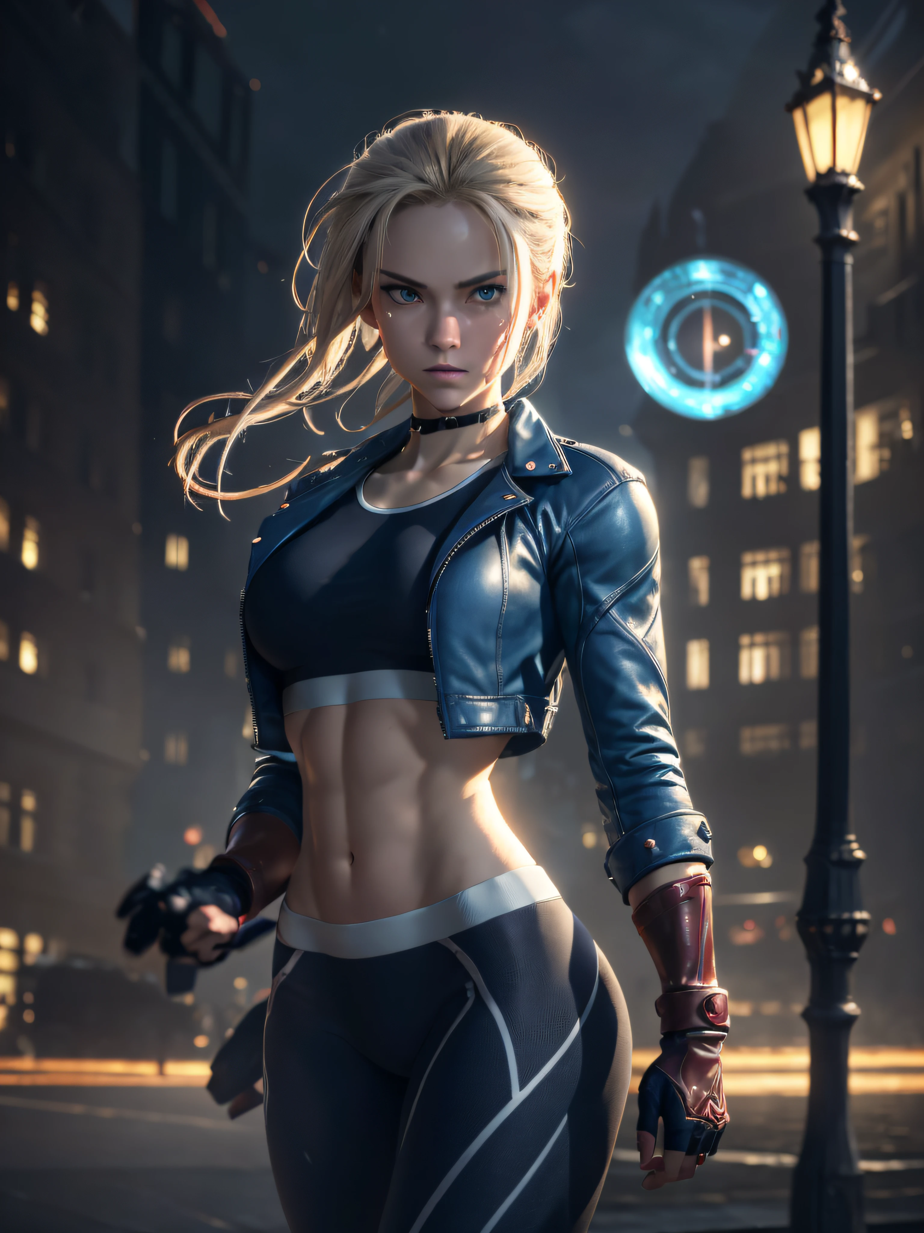 "(exquisitely detailed CG unity 8k wallpaper, masterpiece-quality with stunning realism), (best illumination, best shadow), (best quality), (elegant and demonic style:1.2), (closeup:1) Arti modern anime. angled view, heroic pose, closeup full body portrait medium shot of cammy, navy blue sports bra, light blue open jacket, navy blue yoga pants, red gloves, Abdominal muscle, muscles, (eyes looking at viewer:1.0), abs, depth of field blur effect, night, full zoom, action portrait, photorealistic. cinematic lighting, highly detailed. best quality, 4k, Better hand, perfect anatomy, leaning forward, foreshortening effects, (leaning forward:1) (cute coy flirty sexy expression), foreshortening effect, (piercing eyes:0.8), surrounded by an ominous and dark atmosphere, accentuated by dramatic and striking lighting, imbued with a sense of surreal fantasy", (mature:0.5) (relaxng in london city:1.5) (alone:1.5) (pretty cute face:1.3) (dynamic movement action fight pose:1)