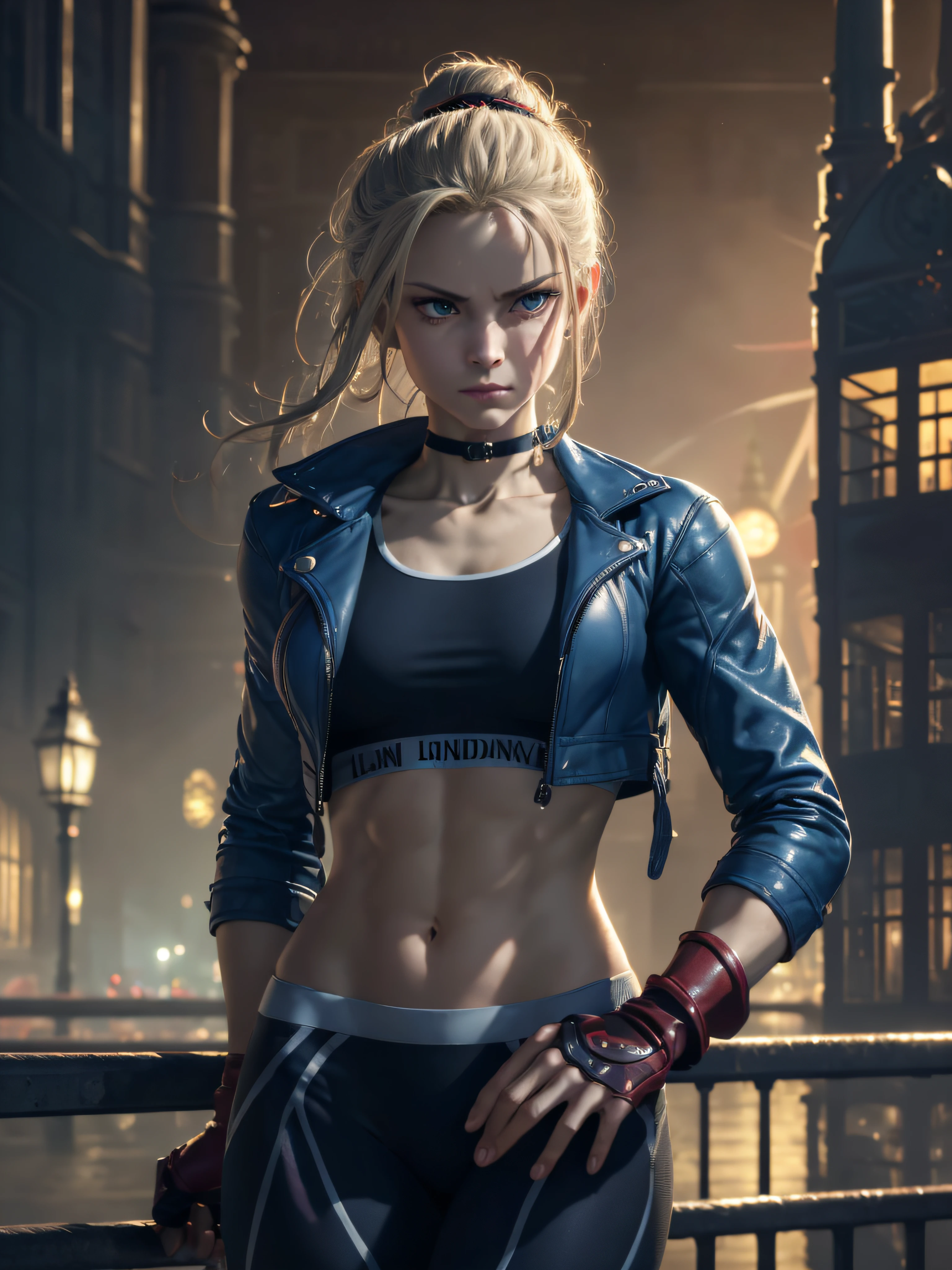 "(exquisitely detailed CG unity 8k wallpaper, masterpiece-quality with stunning realism), (best illumination, best shadow), (best quality), (elegant and demonic style:1.2), (closeup:1) Arti modern anime. angled view, heroic pose, closeup full body portrait medium shot of cammy, navy blue sports bra, light blue open jacket, navy blue yoga pants, red gloves, Abdominal muscle, muscles, (eyes looking at viewer:1.0), abs, depth of field blur effect, night, full zoom, action portrait, photorealistic. cinematic lighting, highly detailed. best quality, 4k, Better hand, perfect anatomy, leaning forward, foreshortening effects, (leaning forward:1) (cute coy flirty sexy expression), foreshortening effect, (piercing eyes:0.8), surrounded by an ominous and dark atmosphere, accentuated by dramatic and striking lighting, imbued with a sense of surreal fantasy", (mature:0.5) (relaxng in london city:1.5) (alone:1.5) (pretty cute face:1.3) (dynamic movement action fight pose:1)