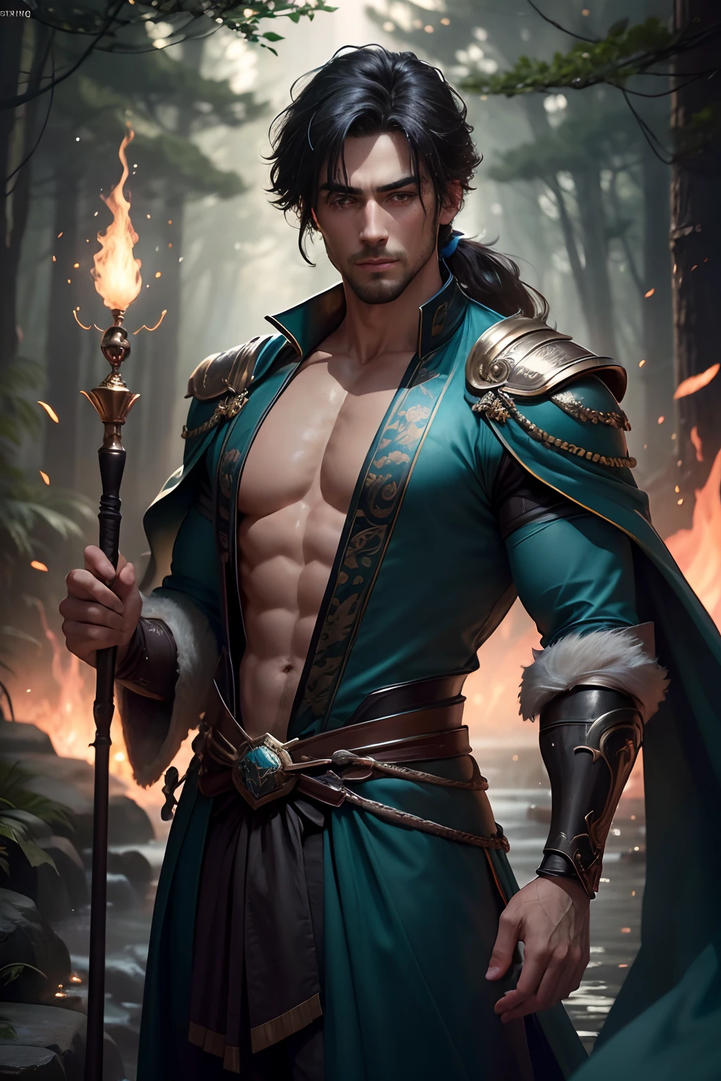8K,Photorealsitic, Raw photography, top-quality;1.4) , (One adult male), Super handsome without a beard, (Lifelike face), blue-black hair, Handsome prince, Cyan silk robe, green decoration, glares, holding a staff, forests, realisitic, Precise details, unrealengine, Beautiful expression, Details of each part, electricity glows in the palm(effect), super high resolution, A hyper-realistic, attractive male, real looking skin, Fantasy Emperor, Handsome man, wind magic, water magic, forest at night, stars in the sky, (messy medium length hair, small ponytail), goatee, silk floating clothes, lots of fireflies