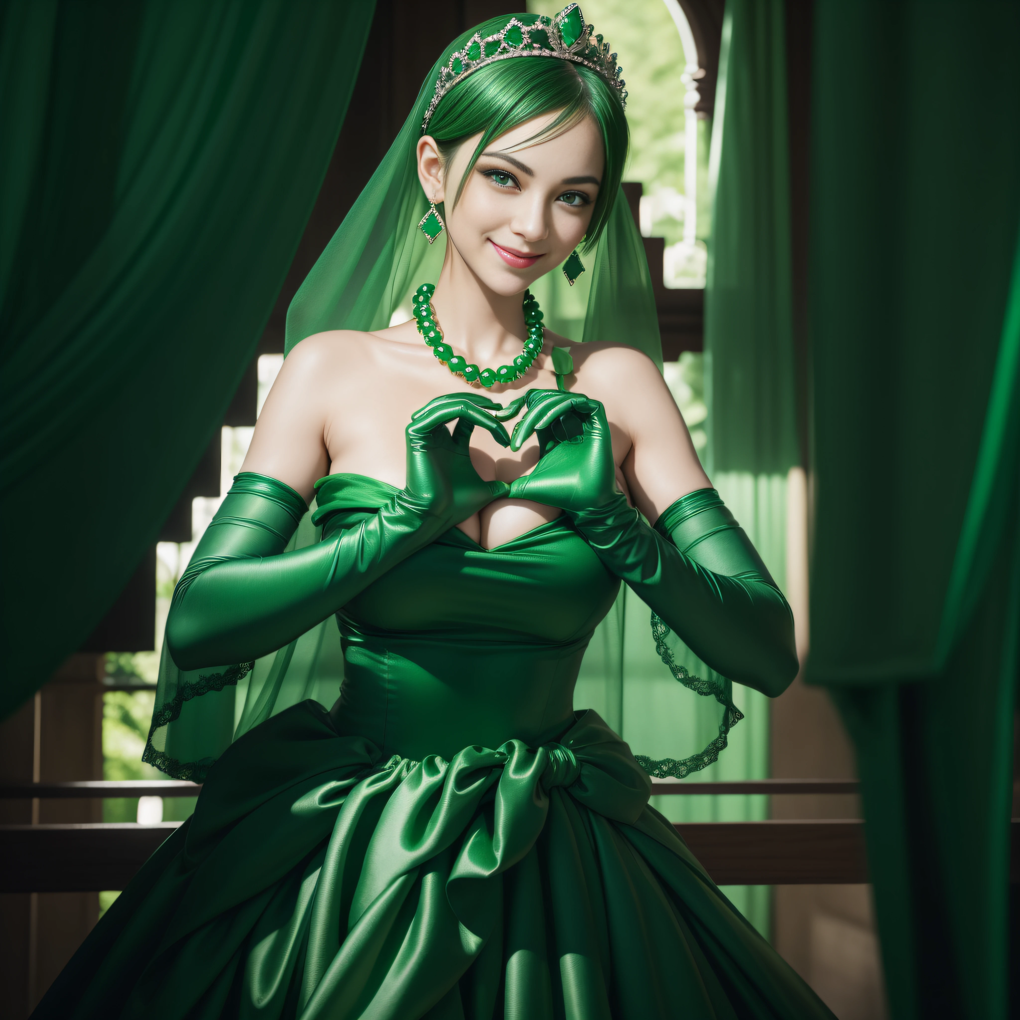 emerald tiara, Green Pearl Necklace, Boyish very short green hair, lipsticks, Japan woman smiling, very short short hair, big breasts beautiful, Green eyes, Long green gloves made of satin material, Green eyes, Emerald Earrings, green vale, Heart with both hands