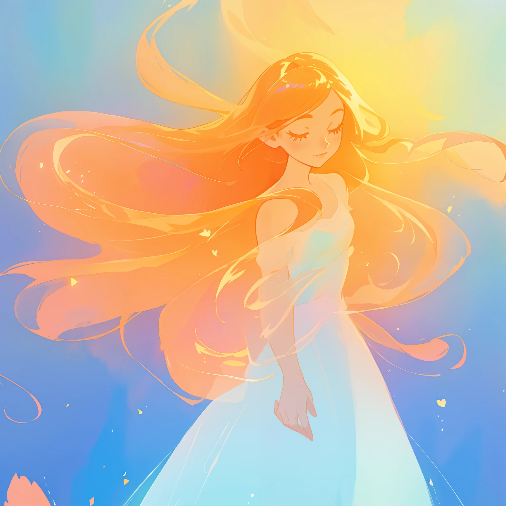 beautiful girl in flowing multi-layered dress, fairy dress, long golden hair, watercolor illustration, inspired by Glen Keane, inspired by Lois van Baarle, disney art style, by Lois van Baarle, glowing aura around her, by Glen Keane, jen bartel, glowing lights! digital painting, flowing glowing hair, glowing flowing hair, beautiful digital illustration, fantasia otherworldly landscape plants flowers, beautiful, masterpiece, best quality, anime disney style