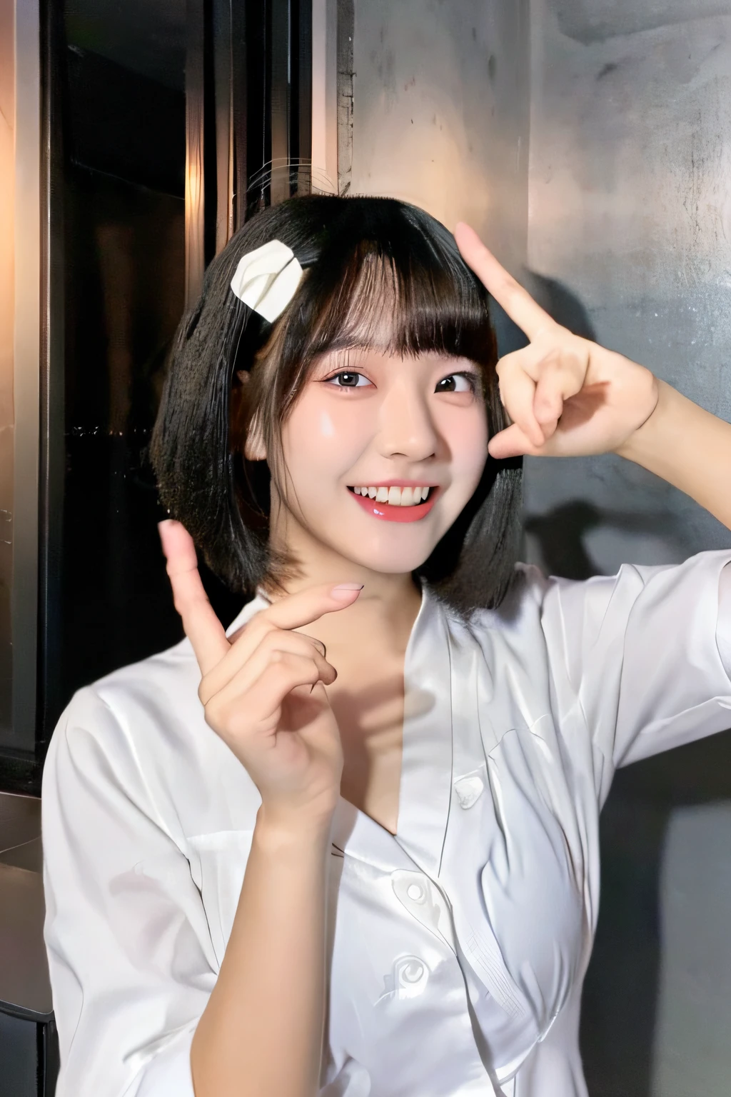 chineseidol:2) (19-year-old female university student:1.5) (short detailed hair:1.3) (winking:1.3) (Teeth bared and laughter:1.2) (Hairpins:1.5) (Tilt your head:1.5) (Slim:2) (校服:2) (Micro-breasted:1.8) (low chest:2) (Snap the button:0.8) (Phone photo quality:2) (is in night:2)(Dine at a fine dining restaurant:1)(The fingers cannot be deformed:2)