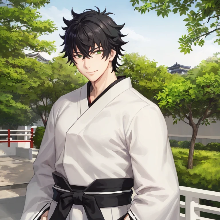 stoic smile, outdoors, Japanese city, (white haori, black hakama), masterpiece, male focus, best quality, green eyes, black hair, 1boy, solo, shinigami_Naofumi, Iwatani_Naofumi, solo,