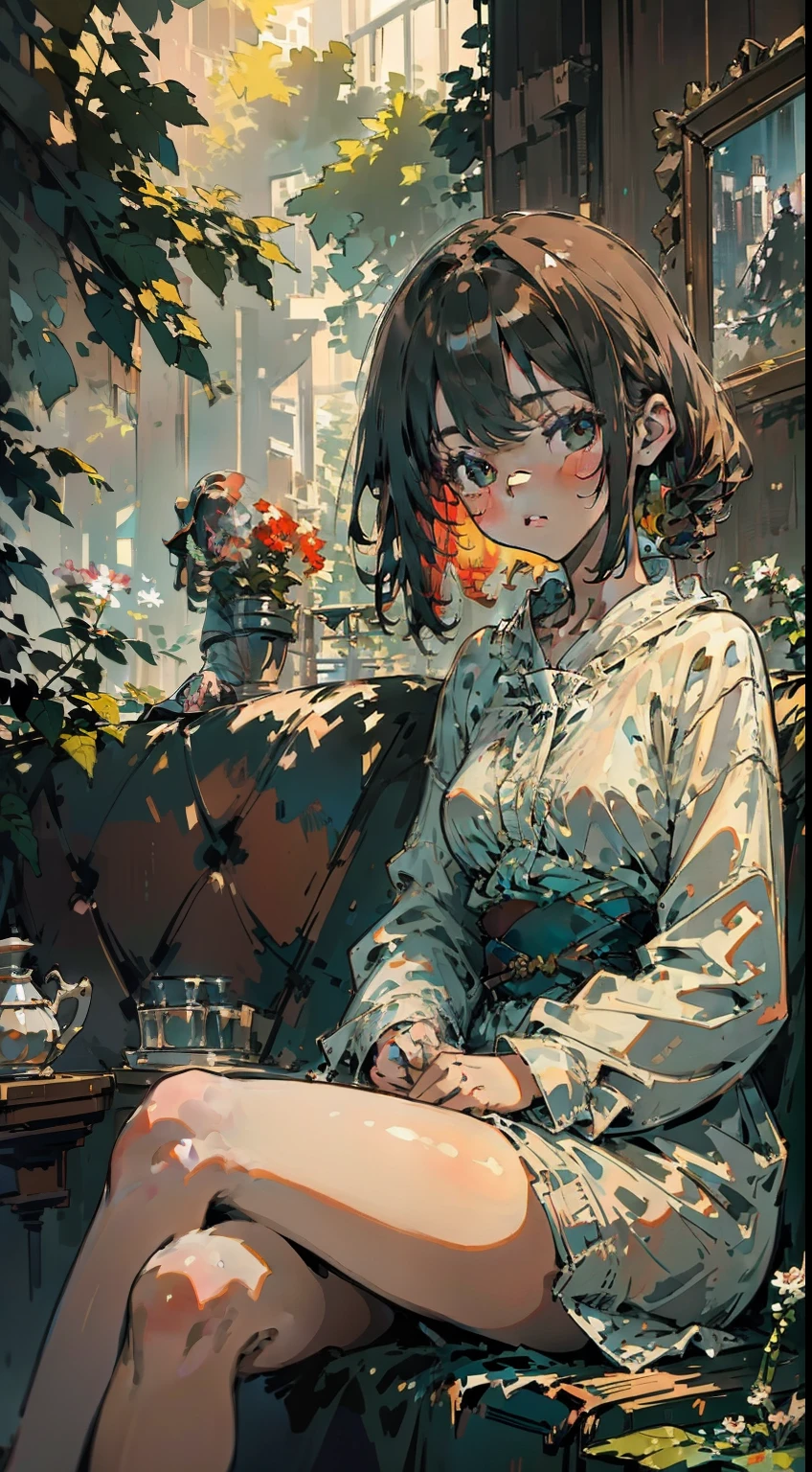 (masterpiece, best quality, ultra-detailed),(impressionism:1.3)1girl,sitting on a cozy couch, casual wear,crossing legs,soft light,modern house,indoor