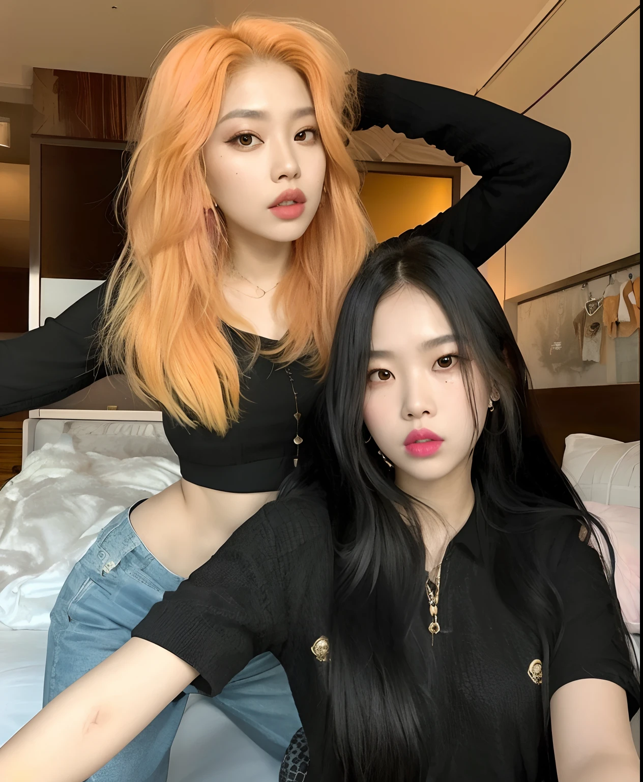 Dos mujeres sentadas en una cama con los brazos en las caderas, con negro, rosa negro, ulzzang, Jossi de Blackpink, Nixeu y Sakimichan, Cabello de dos colores, con hiedra, Parque Roseanne de Blackpink, 🔞🤡, inspirado por Wang Duo, # Oc, #Oc, Peach and Gum style, KDA y Sam Yang