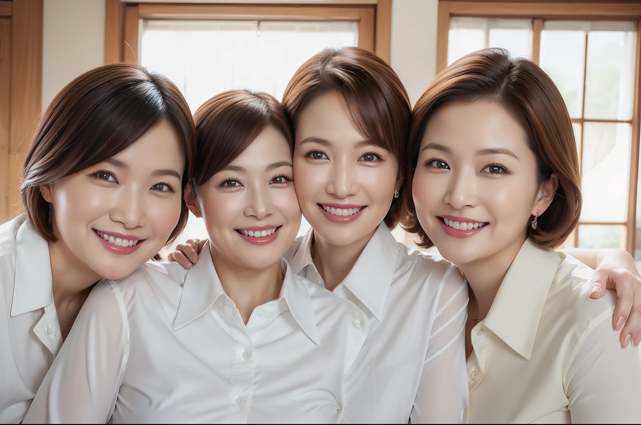 ((Top Quality, 8k, Masterpiece: 1.3, photorealistic)), (close up:0.4), Milf and attractive woman、3 people, bbw, formal collared white shirt, big breasts, (smile:0.6),