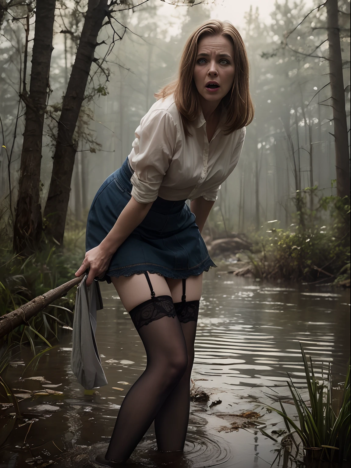 "(Best Quality,hight resolution:1.2),Mature rubbed woman with bad reputation,wrinkles,Bob haircut,(jeans skirt:1.05),lace blouse,(lace stockings with garters), standingn, ( drowning in a swamp:1.2),expression of despair,Dark and moody lighting, terror. The pose expresses panic and awkwardness"