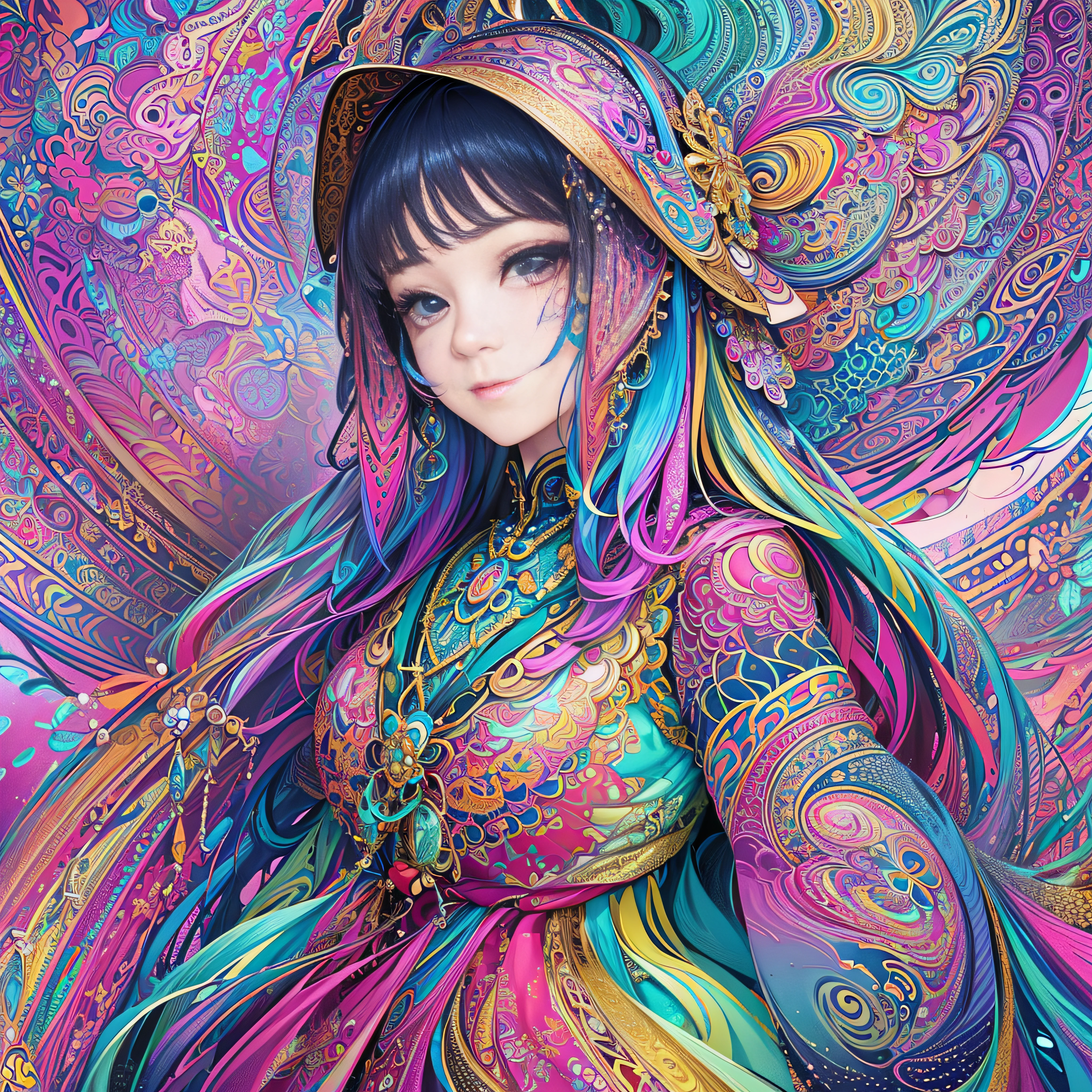 (masterpiece、top-quality、top-quality、Official art、Beautifully Aesthetic:1.2)、Highly detailed fractal art、(colourfull:1.5)、highest details、Zentangle、a closeup、 (1girl in:1.5), 独奏, (dynamicposes), (Abstract background:1.5), (shinny skin),