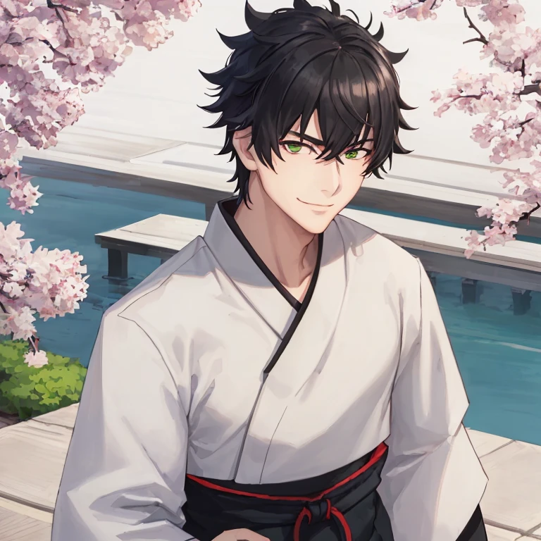 stoic smile, outdoors, Japanese city, (white haori, black hakama),  Shihakushō, masterpiece, male focus, best quality, green eyes, black hair, 1boy, solo, shinigami_Naofumi, Iwatani_Naofumi, solo,