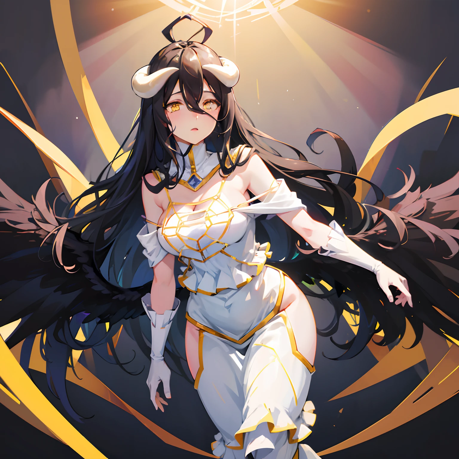 masuter piece, Best Quality, 超A high resolution, top-quality, Anime style, albedo, white horns, cabelos preto e longos, Black wings grow from the waist, Yellow eyes, Upper body, Best proportions