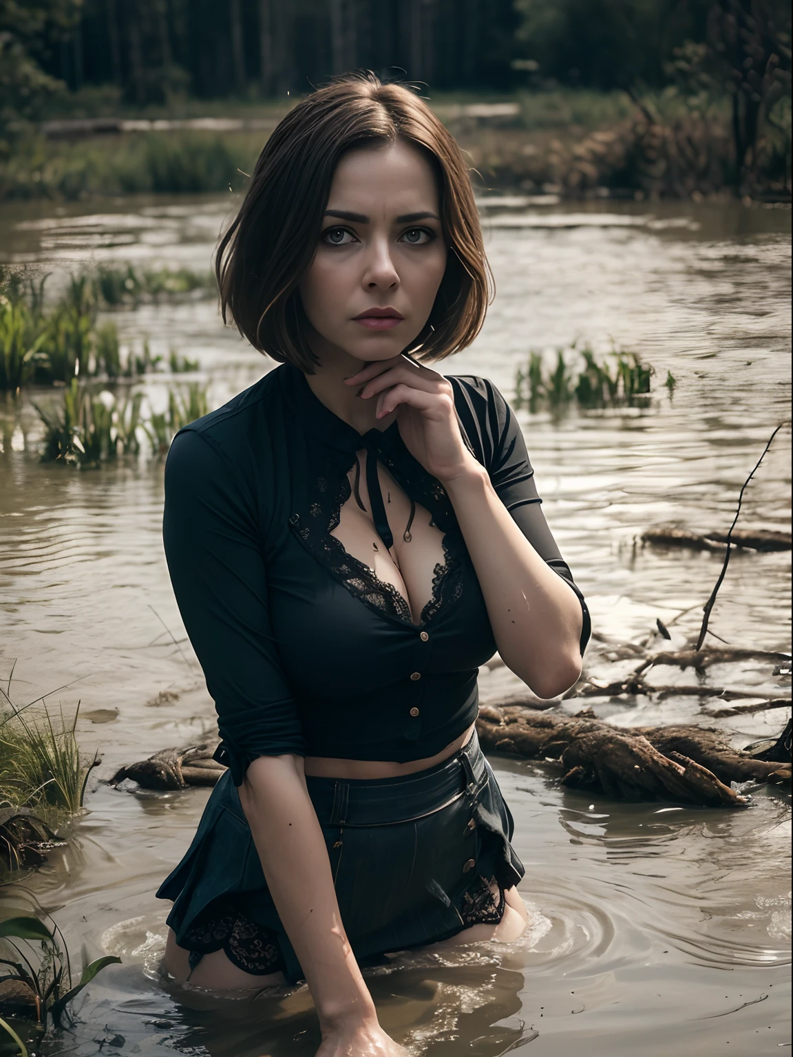 "(Best Quality,hight resolution:1.2),Mature masturbation woman,wrinkles,Bob haircut,(jeans skirt:1.05),lace blouse,(lace stockings with garters), standingn, ( drowning in a swamp:1.2),expression of despair,Dark and moody lighting, terror. The pose expresses panic and awkwardness"