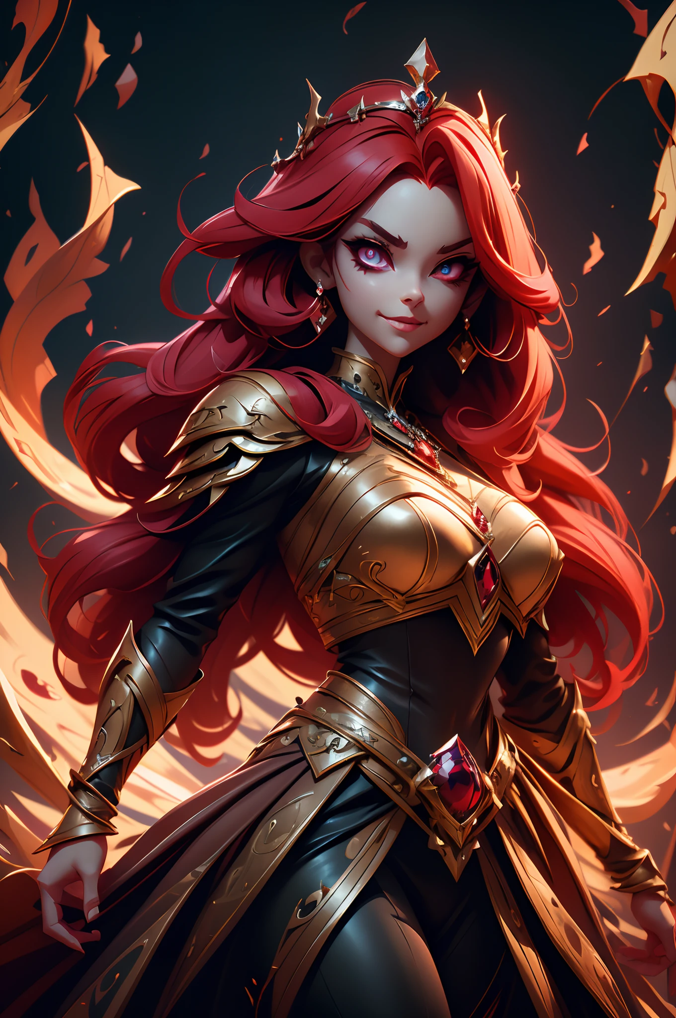 The Dark Princess of Blood-Eyed, Red hair, crown, Evil smile, Anime style, Lens flare, High detail, first person perspective, Cinematic lighting, Masterpiece, Super detail, Best quality, 8K, hyper HD