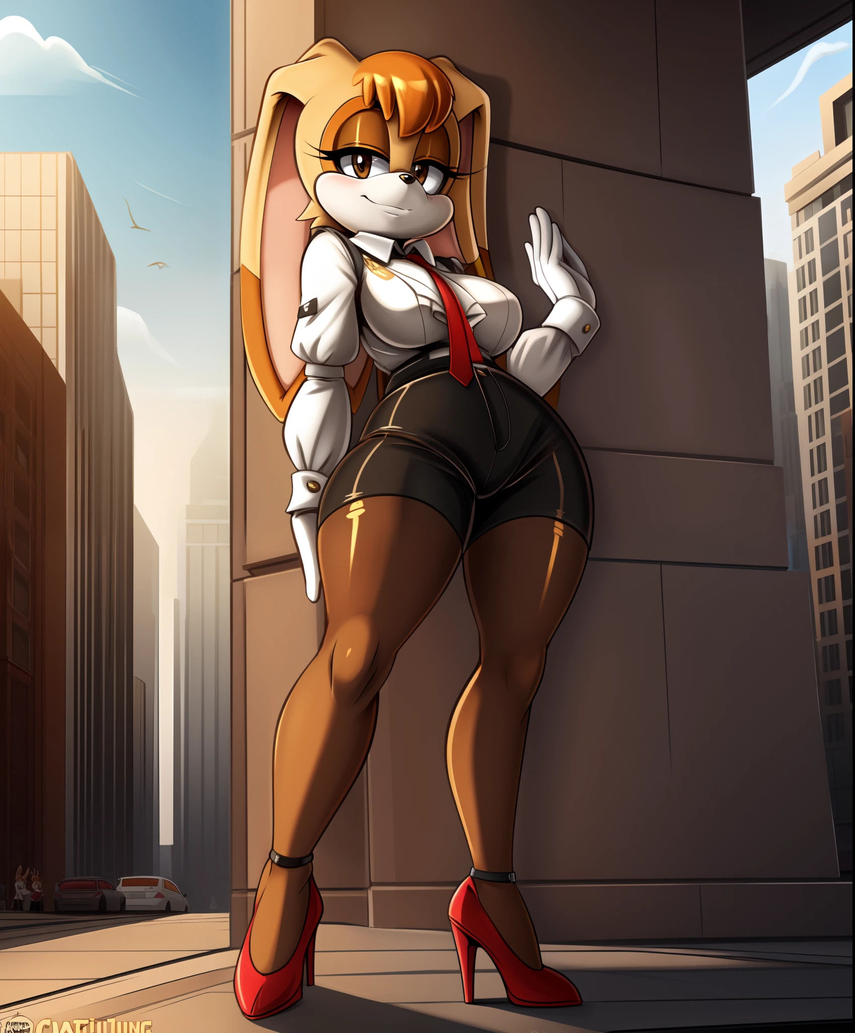 masterpiece, best quality, vanilla the rabbit, brown eyes, animal nose, sonic the hedgehog (series), short hair, orange hair, white gloves, looking at viewer, standing, red high heels, rabbit girl, medium breasts, breasts, sonic the hedgehog \(series\), furry, furry female, highly detailed, detailed background, mature female, city, buildings, outside, (uploaded on e621), (((by marthedog, by chadthecartoonnut, by avante92))), white shirt, pantyhose, thigh strap