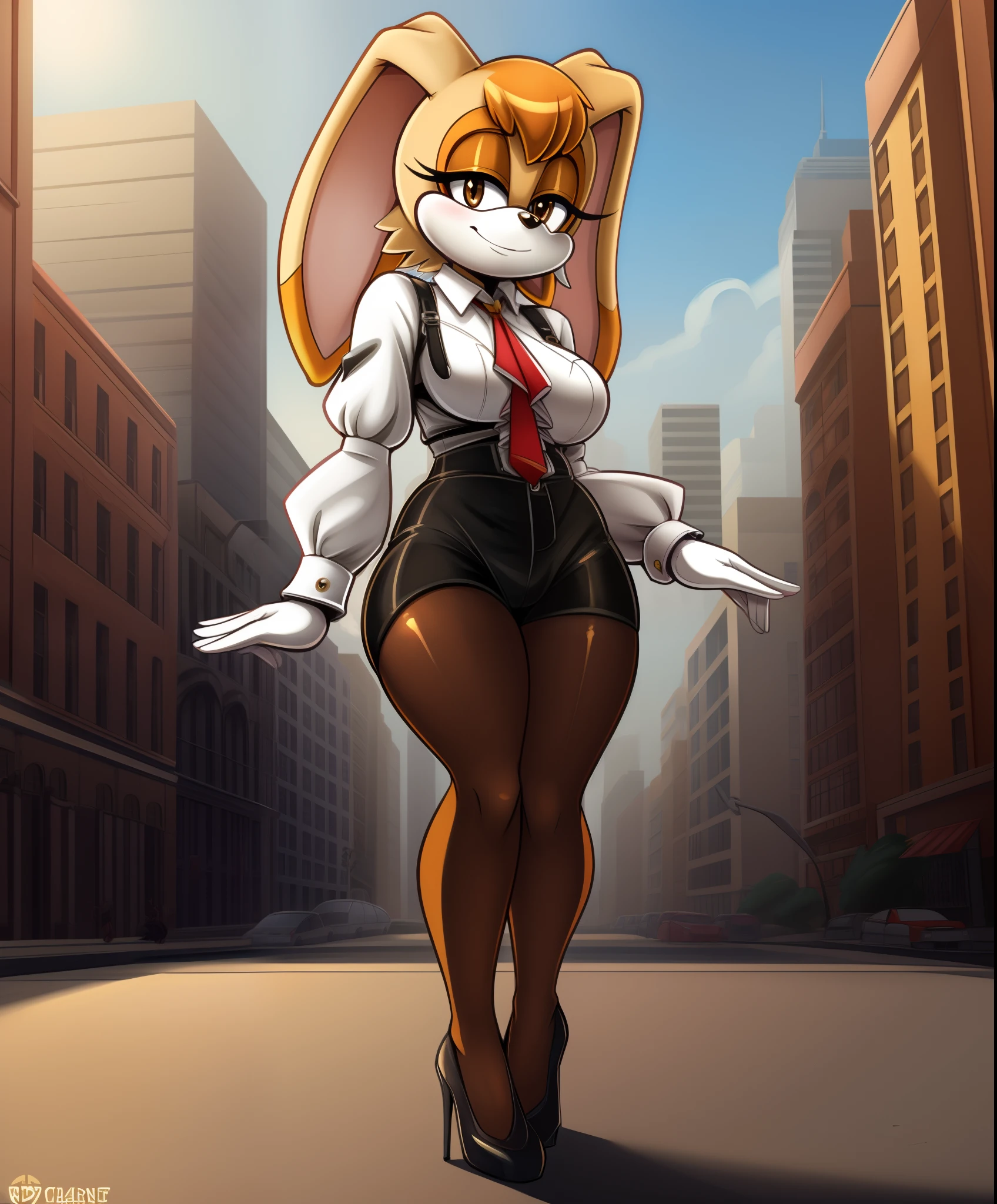 masterpiece, best quality, vanilla the rabbit, brown eyes, animal nose, sonic the hedgehog (series), short hair, orange hair, white gloves, looking at viewer, standing, red high heels, rabbit girl, medium breasts, breasts, sonic the hedgehog \(series\), furry, furry female, highly detailed, detailed background, mature female, city, buildings, outside, (uploaded on e621), (((by marthedog, by chadthecartoonnut, by avante92))), white shirt, pantyhose, thigh strap