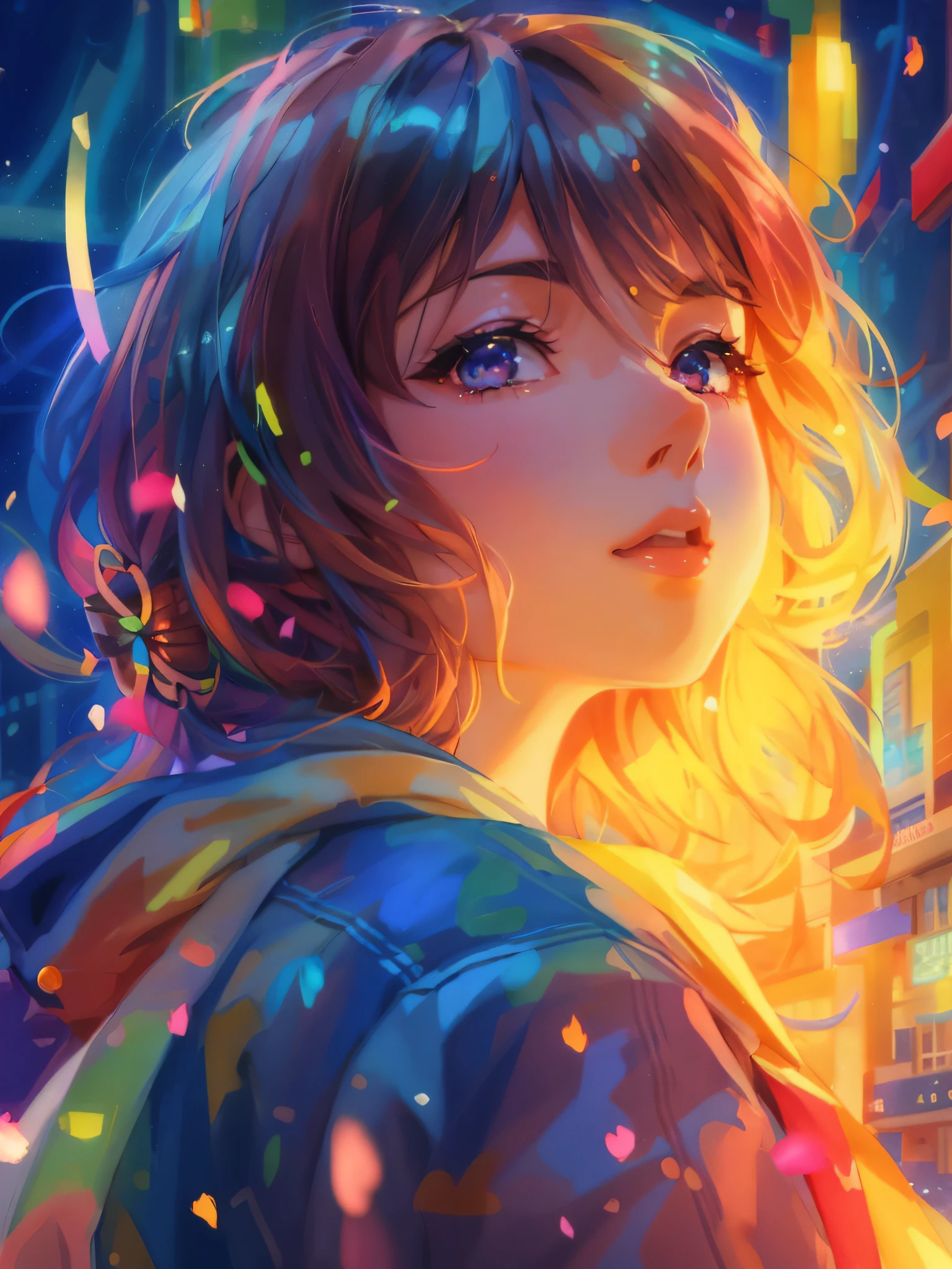 a girl with a bright hair and a blue jacket looks at the camera, inspired by Yuumei, digital anime art, colorful digital painting, rossdraws cartoon vibrant, anime style 4 k, alice x. zhang, by Yuumei, digital anime illustration, beautiful anime portrait, vibrant digital painting, detailed digital anime art, anime digital art