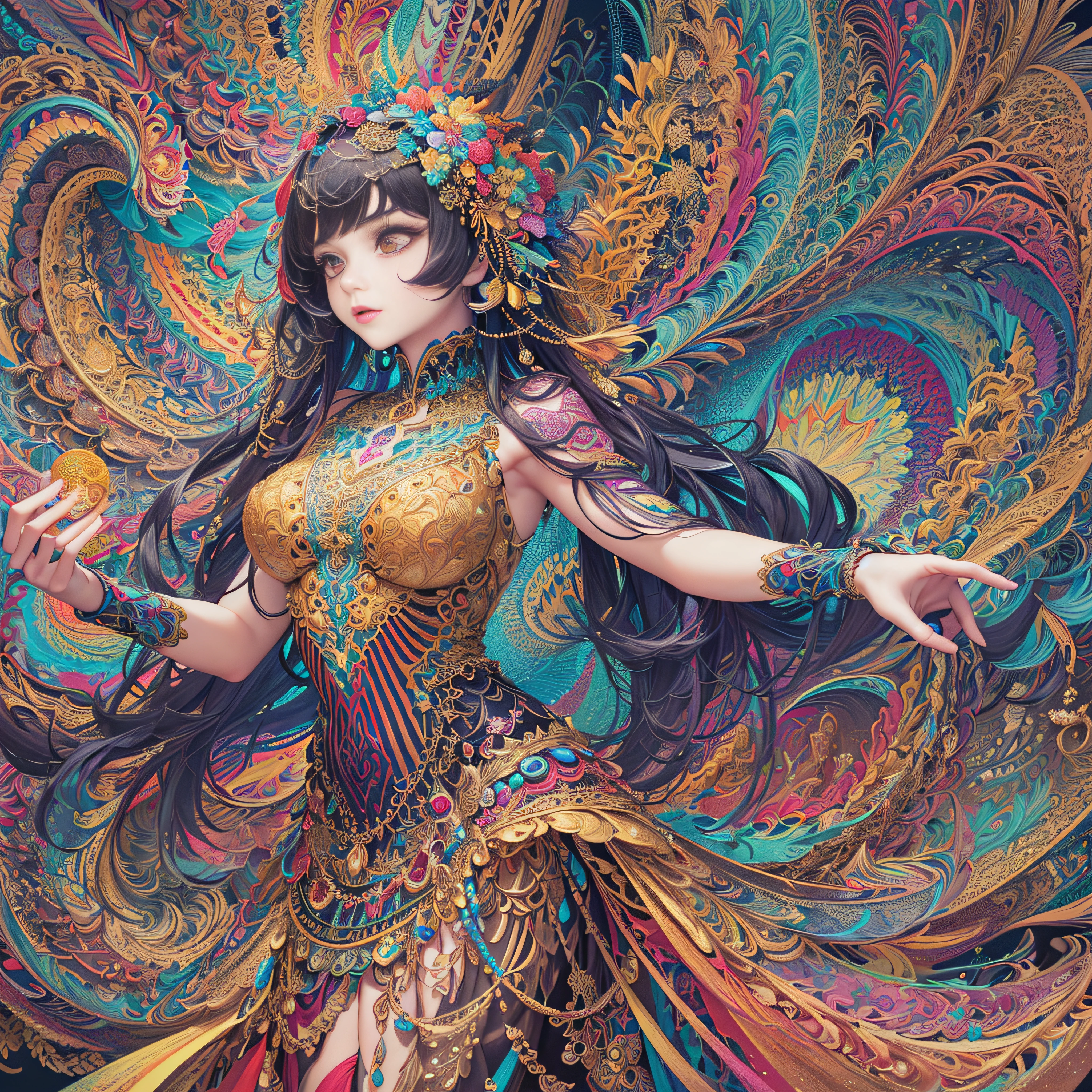 (masterpiece, top quality, best quality, official art, beautiful and aesthetic:1.2), (1girl:1.3), extremely detailed,(fractal art:1.2),colorful,highest detailed,(zentangle:1.2), (dynamic pose), (abstract background:1.5), (treditional dress:1.2), (shiny skin), (many colors:1.4), upper body