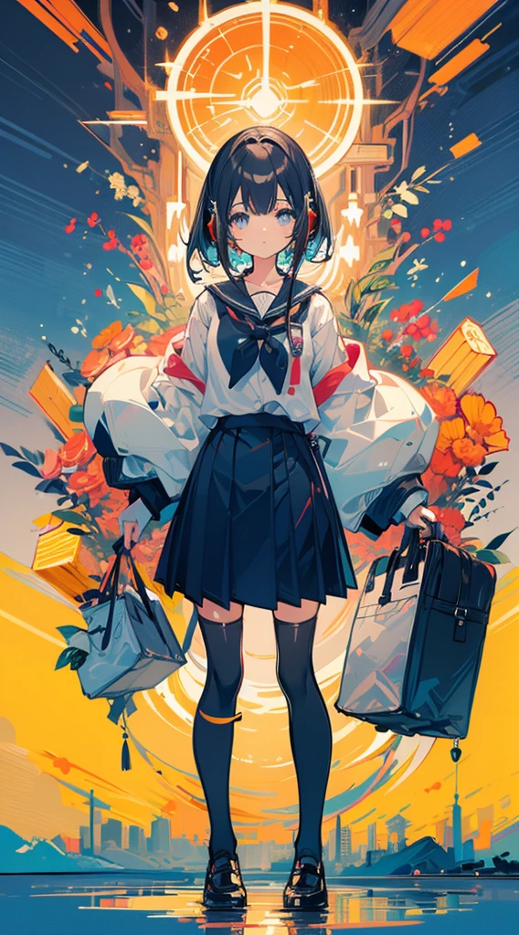(Top quality illustrations:1.3)、(Cute little girl s:1.0)、(女の子1人:1.0)、(Short black hair:1.0)、(School Uniforms:1.0)、(full body Esbian:1.0)、(ultra-detailliert) 、17 age、Wearing headphones、D-cups、