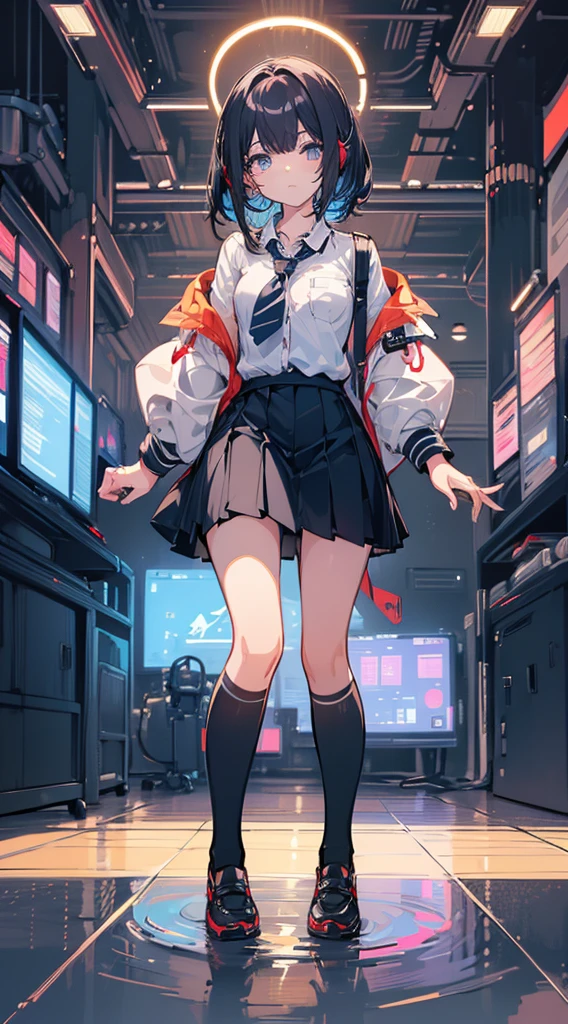(Top quality illustrations:1.3)、(Cute little girl s:1.0)、(女の子1人:1.0)、(Short black hair:1.0)、(School Uniforms:1.0)、(full body Esbian:1.0)、(ultra-detailliert) 、17 age、Wearing headphones、D-cups、