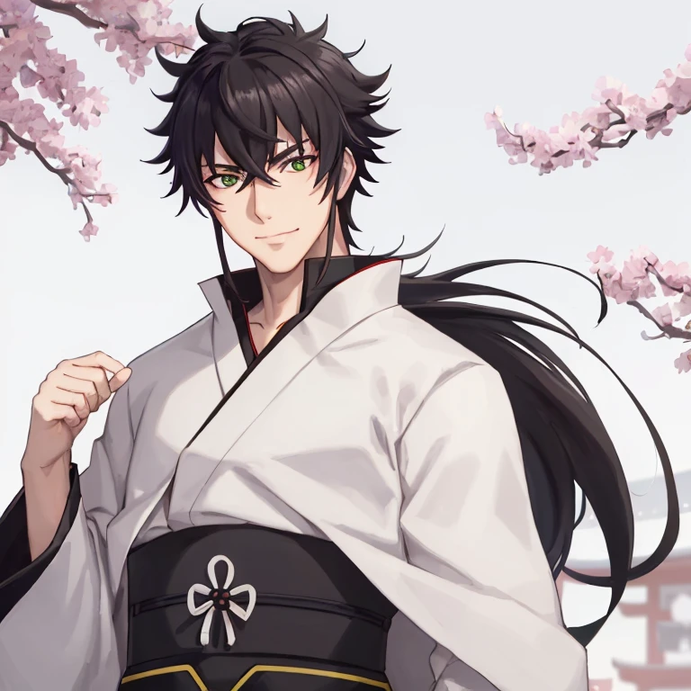 stoic smile, outdoors, Japanese city, (white haori jacket, black hakama), black Shihakushō, masterpiece, male focus, best quality, green eyes, black hair, 1boy, solo, shinigami_Naofumi, Iwatani_Naofumi, solo,