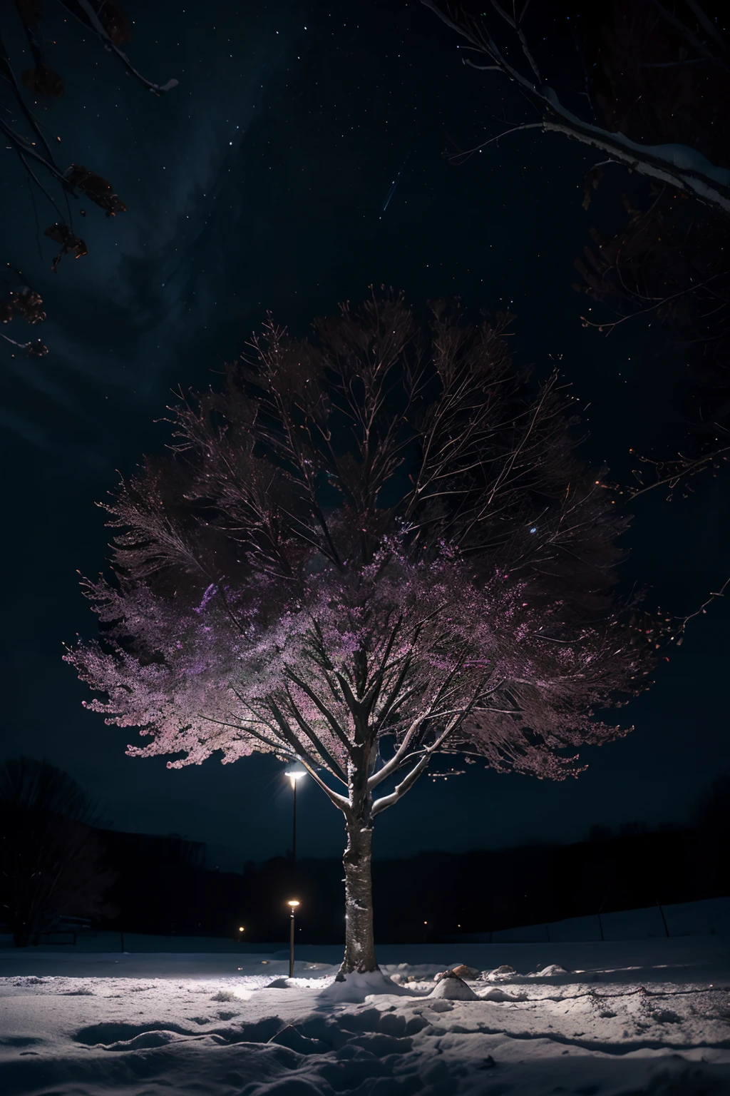 A tree in the snow with a light on it - SeaArt AI