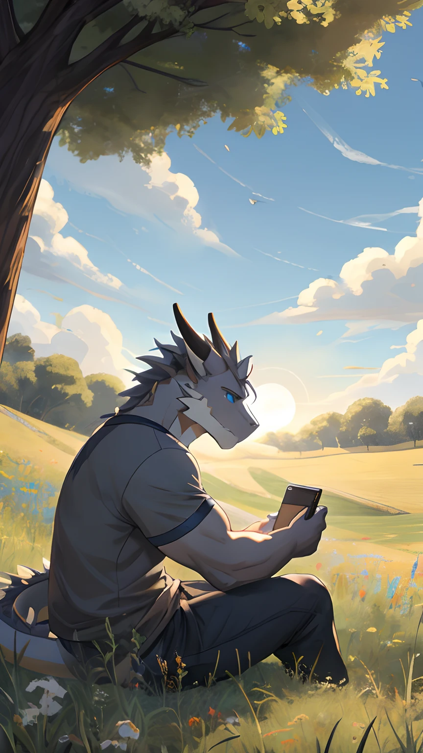 Masterpiece, Furry Gray Dragon, Muscular Body, Blue Eyes, Grey Medium Hair, Casual Set, Casual Clothes, Fierce, Good looking, Sad Expression, Sad Vibes, Sitting in Grass, Near Tree, Alone, Feeling the breeze wind, Afternoon, Field Background.