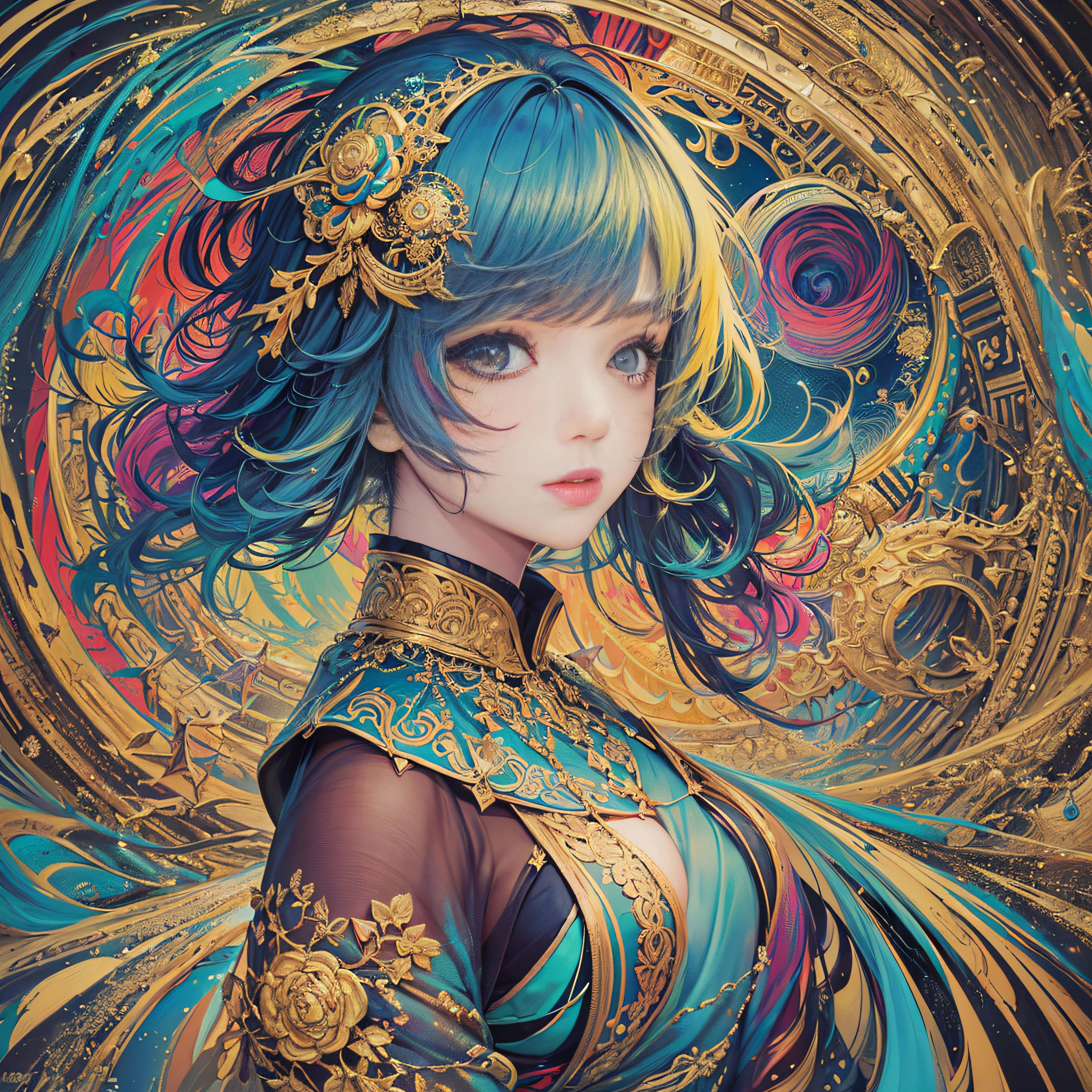 (​masterpiece、top-quality、top-quality、Official art、Beautifully Aesthetic:1.2)、Highly detailed fractal art、(colourfull:1.5)、highest details、Zentangle、a closeup、 (1girl in:1.5), 独奏, (dynamicposes), (Abstract background:1.5), (shinny skin),
