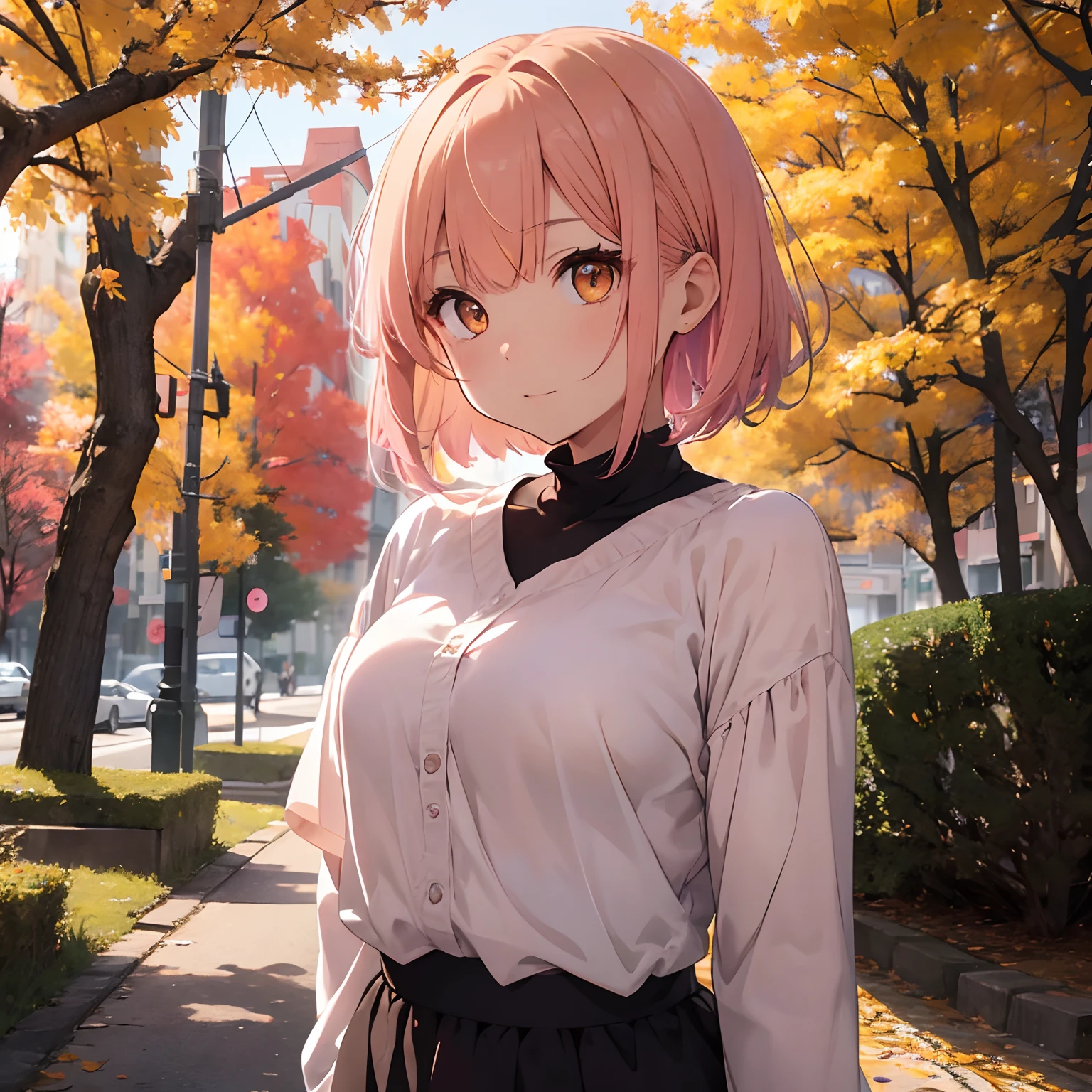 Golden Eyes、 Pink Short Bob、Bangs to the top of the eyebrows、short bangs、adult lady、, Long-sleeved clothing、Autumn landscape、The upper part of the body、 Vibrant colors、Colored leaves, Delicate drawing、 8K