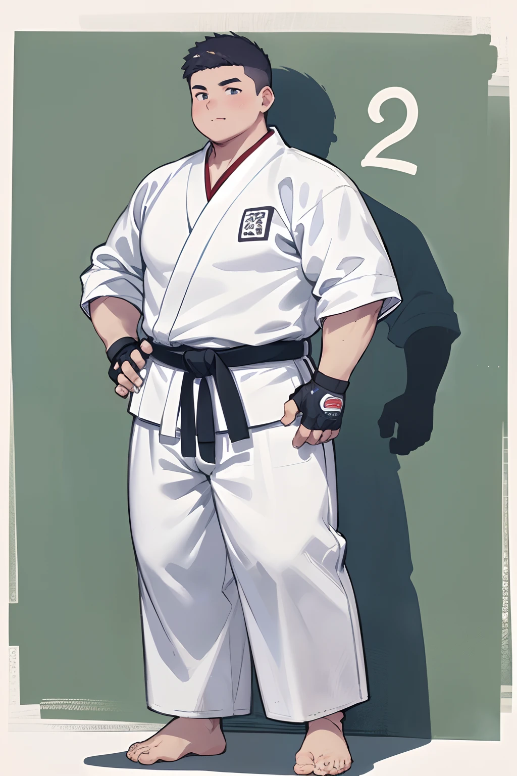 ((1boy_only, solo, standing)), (chubby:1.2, stocky:1.2), ((white judo gi)), ((dougi)), barefoot, ((long pants)), (bara:1.2), (shota:0.25), buzz_cut, full body shot, ((cool, cute, awesome)), (fingerless gloves), (chubby_face:0.8)