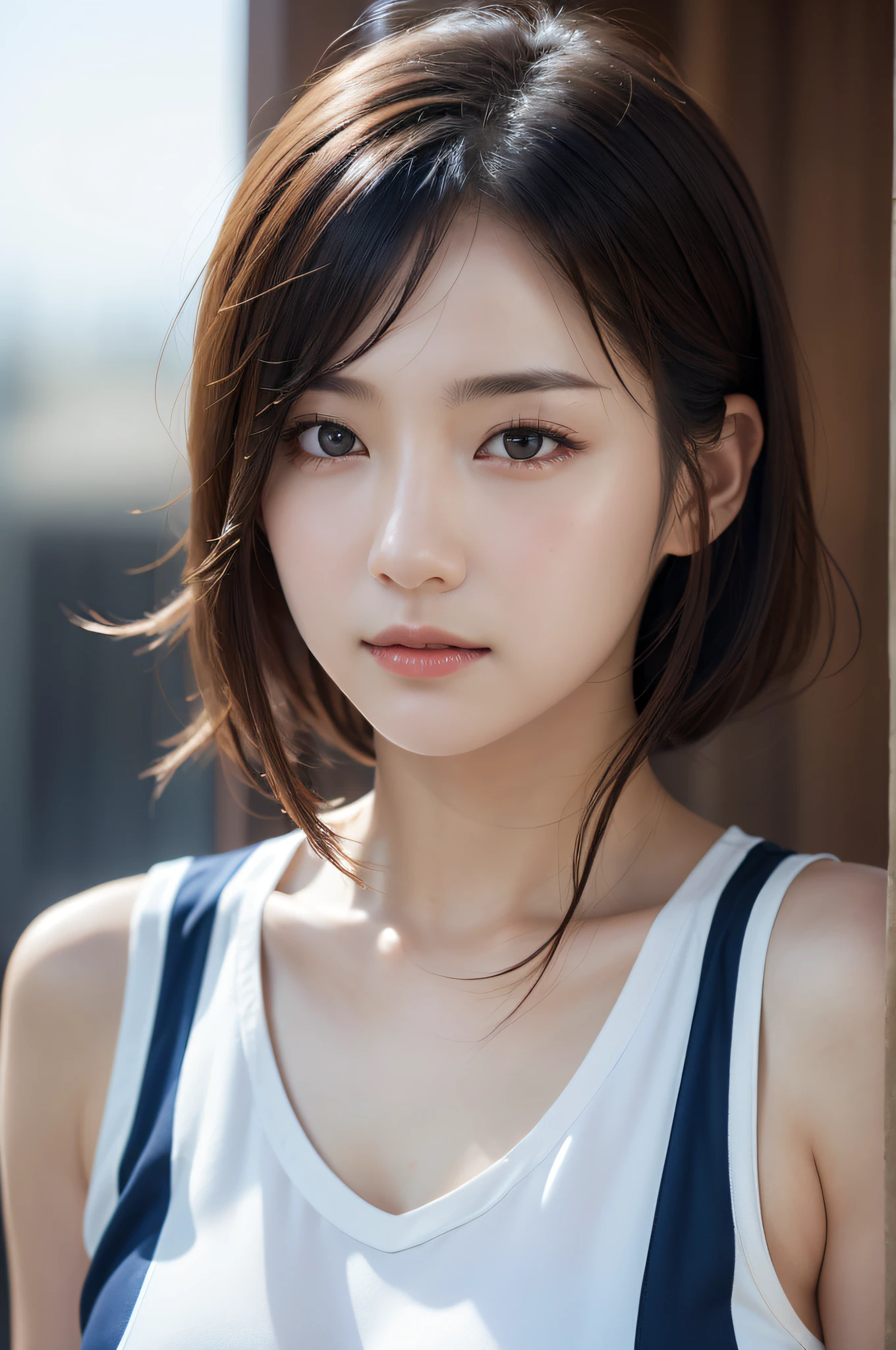 Dress up、(Photo Real:1.4)、(A hyper-realistic:1.4)、(Photorealistic:1.3)、 (Gentle lighting: 1.05)、(Improve video lighting quality:0.9)、 1girl in、20 years girl、photorealistic lighting、Back lighting、Facial Lights、raytrace、(Bright:1.2)、(Increase quality:1.4)、 (Top quality real texture skins)、Fair eyes,A delicate and delicate face、 (tired and sleepy and satisfied : 0.0), Close-up of the face, Basketball Uniform : 1.3, (Bodyline mood improvement:1.1)、Glossy skin、porn star、韓国アイドル、乃木坂アイドル、Gravure Idol Pose、Beautiful actress、Neat and clean woman、 full bodyesbian