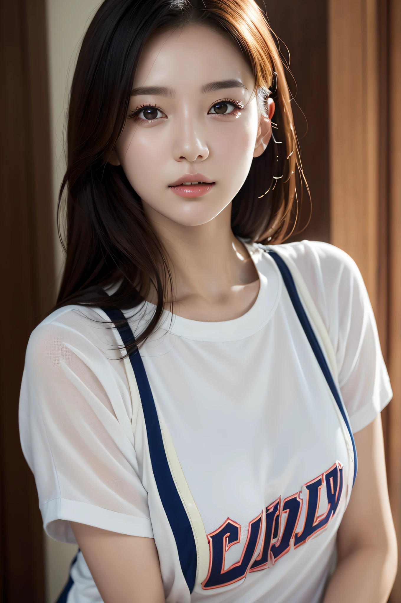 Dress up、(Photo Real:1.4)、(A hyper-realistic:1.4)、(Photorealistic:1.3)、 (Gentle lighting: 1.05)、(Improve video lighting quality:0.9)、 1girl in、20 years girl、photorealistic lighting、Back lighting、Facial Lights、raytrace、(Bright:1.2)、(Increase quality:1.4)、 (Top quality real texture skins)、Fair eyes,A delicate and delicate face、 (tired and sleepy and satisfied : 0.0), Close-up of the face, Basketball Uniform : 1.3, (Bodyline mood improvement:1.1)、Glossy skin、porn star、韓国アイドル、乃木坂アイドル、Gravure Idol Pose、Beautiful actress、Neat and clean woman、 full bodyesbian