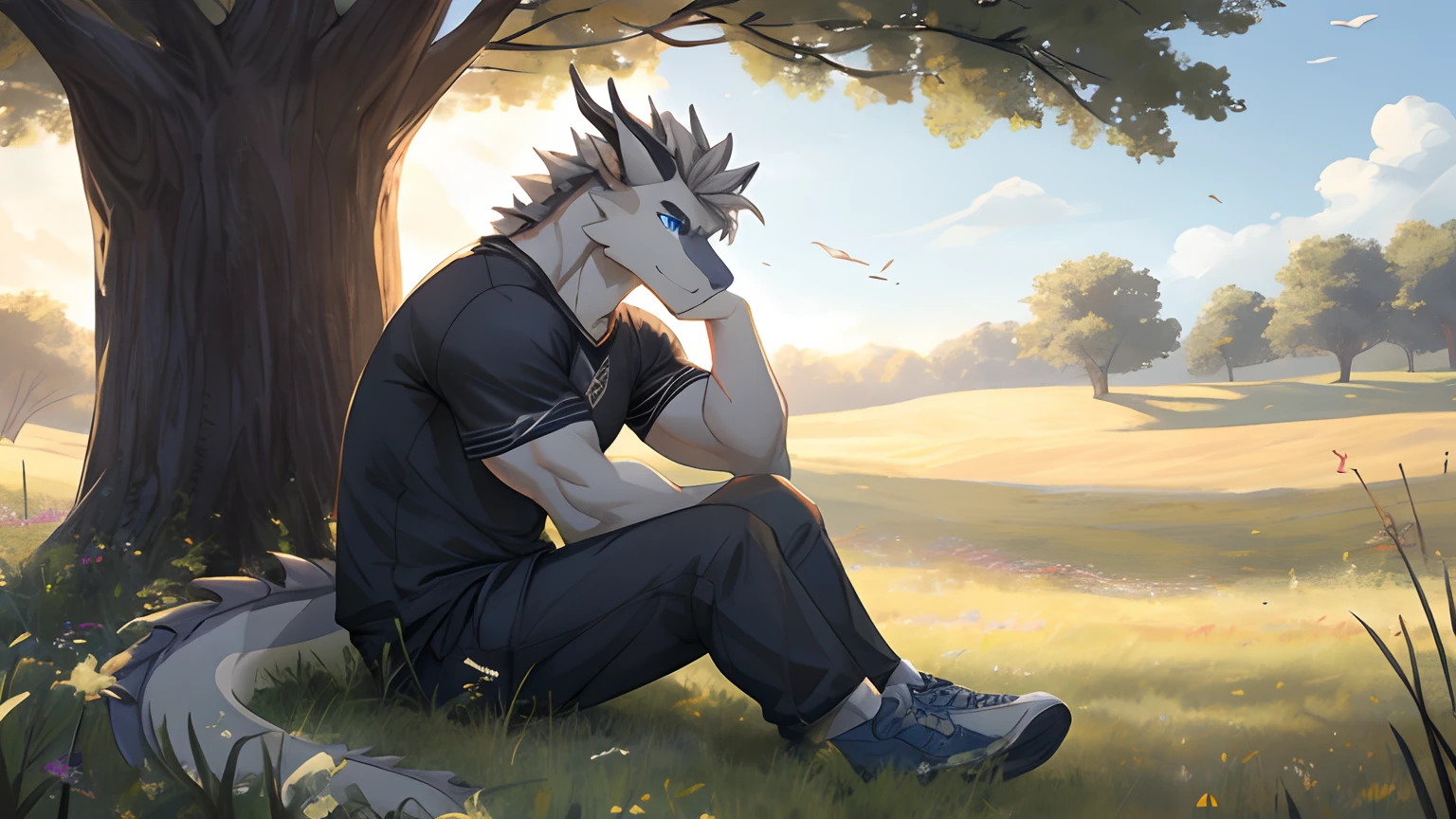 Masterpiece, Furry Gray Dragon, Muscular Body, Blue Eyes, Grey Medium Hair, Casual Set, Casual Clothes, Fierce, Good looking, Sad Expression, Sad Vibes, Sitting in Grass, Near Tree, Alone, Feeling the breeze wind, Afternoon, Field Background.