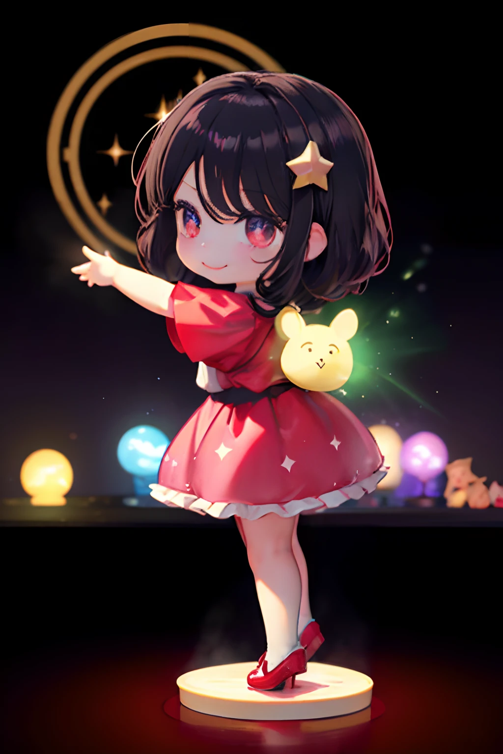 ((top-quality))、 ((​masterpiece))、Place one small doll on a circular stand、kawaii pose、A smile、A dark-haired、Chibi Doll、Stars in the eyes（kirakira）、Sing with a microphone in your hand、Eye Up、Laugh、Cute red shoes、Ultra Detail, radiant light、bio luminescent、Taken from the side、Stronger bokeh effect