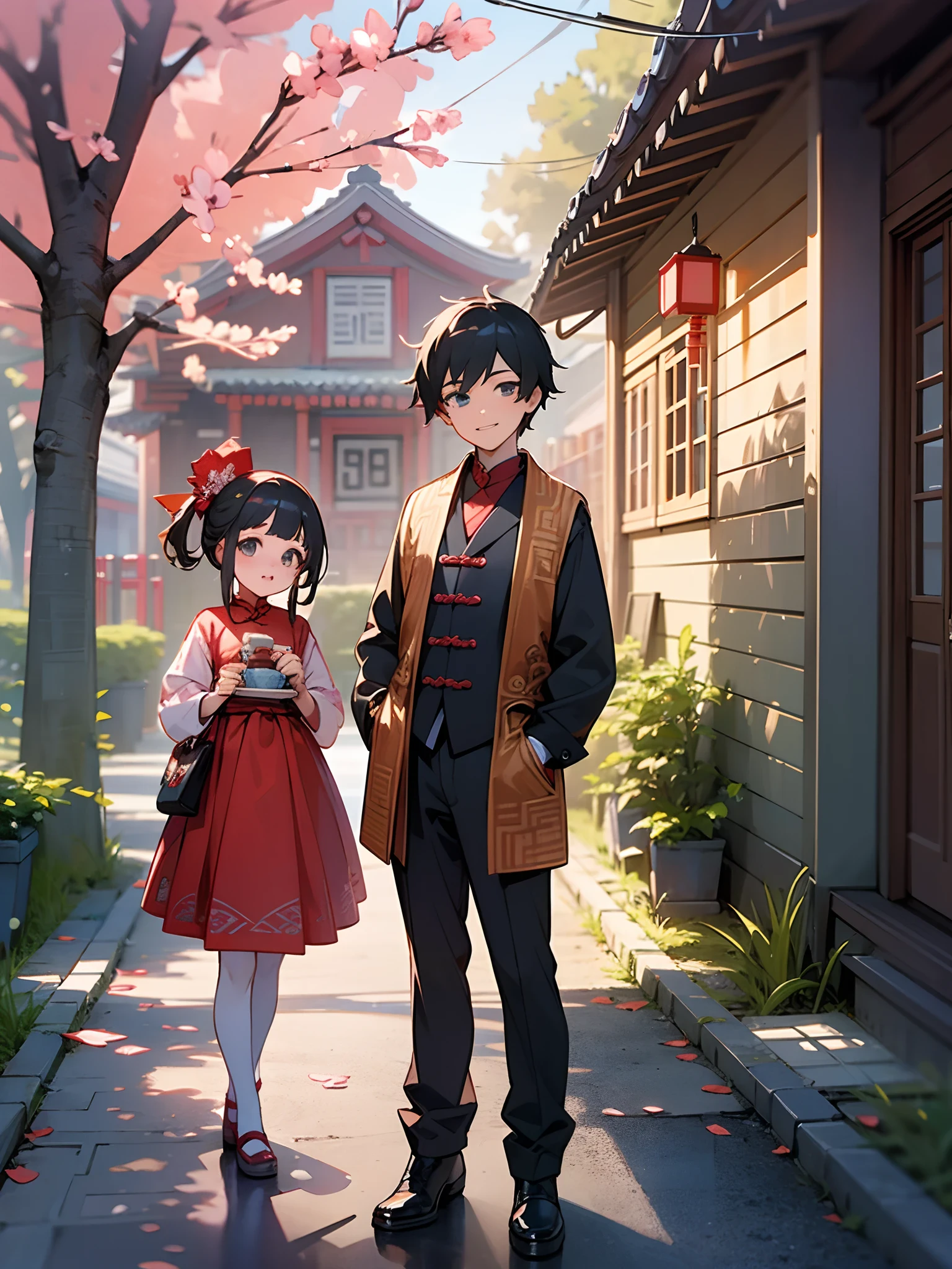 Pixar style, The two siblings stood in front of an old house, This is their childhood memory, with a warm atmosphere, clean teeth, Spring Festival couplets::, Chinese New Year, memories, Bright, anime, best quality, full body, front-facing, 8K, 3D, OC renderer, studio lighting, C4D. --auto --s2