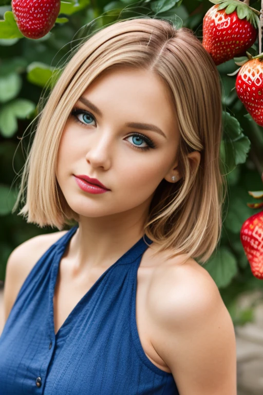 Petite 30 year old woman with short straight strawberry blonde hair and striking blue eyes wearing eye liner, pink lips, in a summer dress, detailed face, full body pose