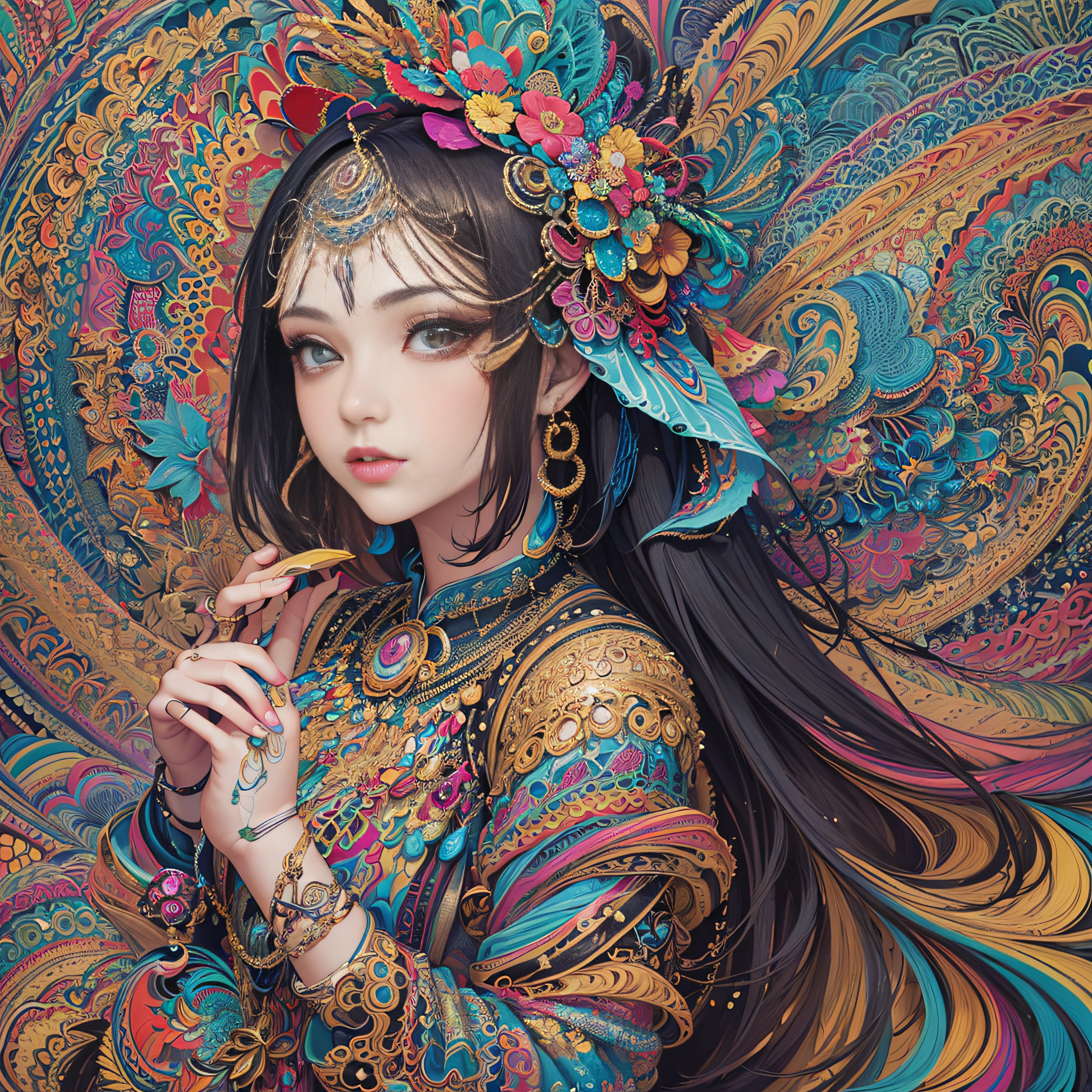 (masterpiece, top quality, best quality, official art, beautiful and aesthetic:1.2), (1girl:1.3), extremely detailed,(fractal art:1.2),colorful,highest detailed,(zentangle:1.2), (dynamic pose), (abstract background:1.5), (treditional dress:1.2), (shiny skin), (many colors:1.4), upper body