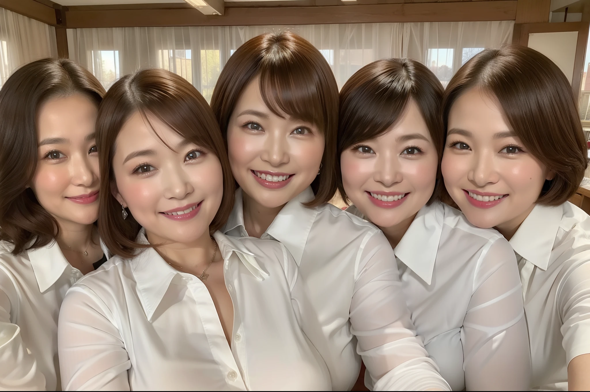 ((Top Quality, 8k, Masterpiece: 1.3, photorealistic)), (close up:0.4), Milf and attractive woman、3 people, bbw, formal collared white shirt, big breasts, (smile:0.6),
