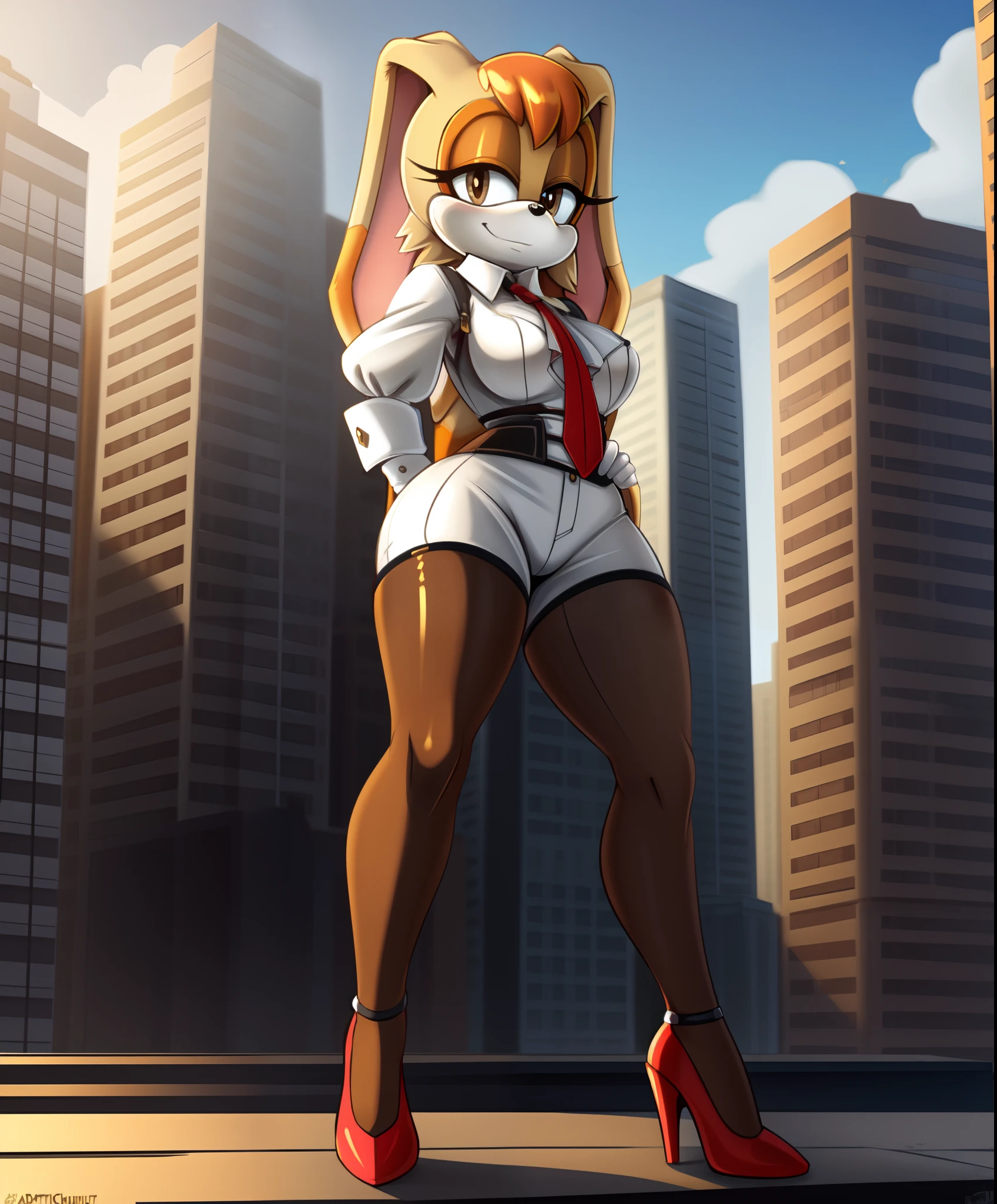 masterpiece, best quality, vanilla the rabbit, brown eyes, animal nose, sonic the hedgehog (series), short hair, orange hair, white gloves, looking at viewer, standing, red high heels, rabbit girl, medium breasts, breasts, sonic the hedgehog \(series\), furry, furry female, highly detailed, detailed background, mature female, city, buildings, outside, (uploaded on e621), (((by marthedog, by chadthecartoonnut, by avante92))), white shirt, pantyhose, thigh strap