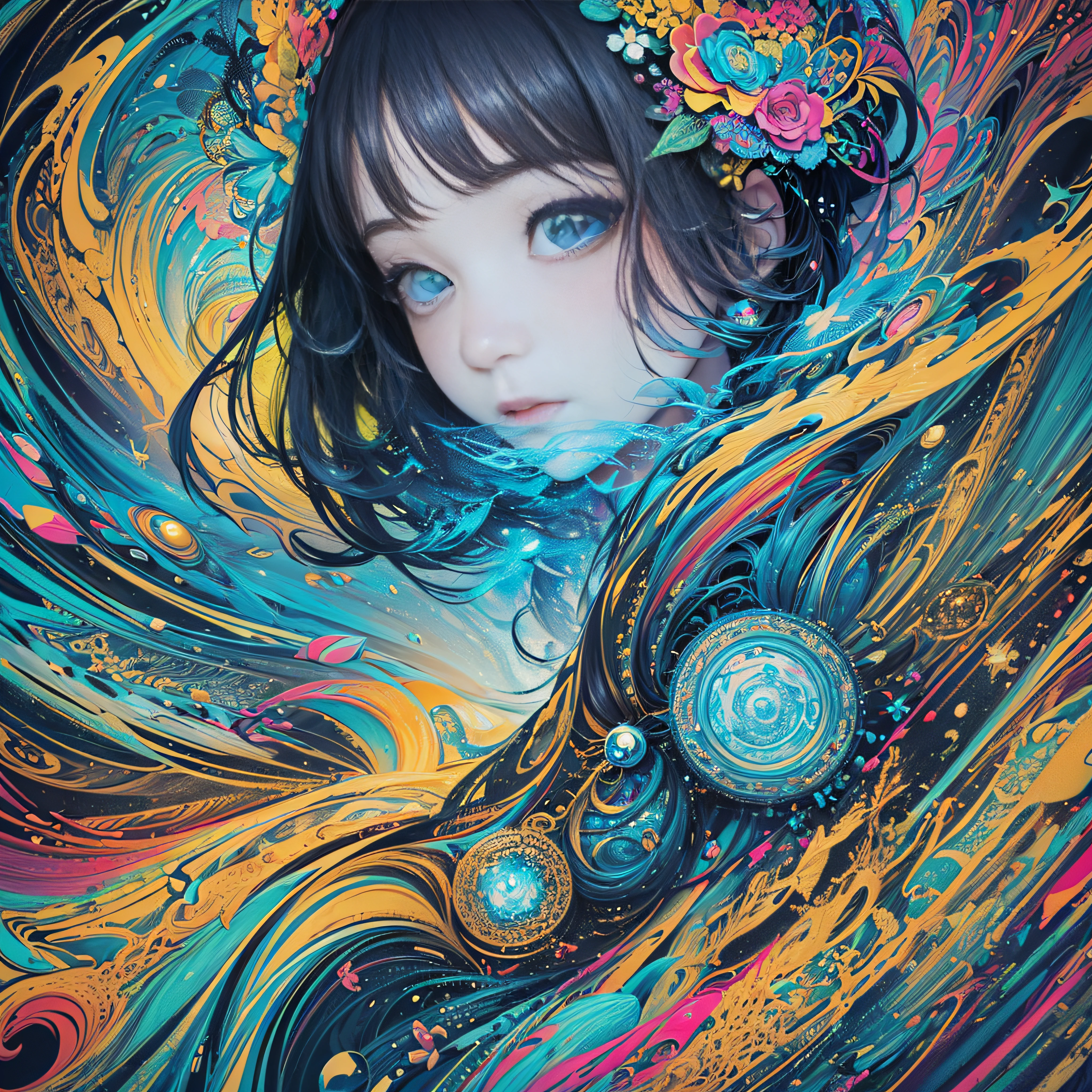 (masterpiece、top-quality、top-quality、Official art、Beautifully Aesthetic:1.2)、Highly detailed fractal art、(colourfull:1.5)、highest details、Zentangle、a closeup、 (1girl in:1.5), 独奏, (dynamicposes), (Abstract background:1.5), (shinny skin),
