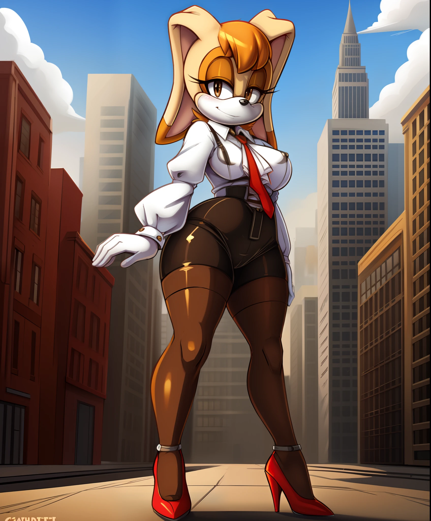 masterpiece, best quality, vanilla the rabbit, brown eyes, animal nose, sonic the hedgehog (series), short hair, orange hair, white gloves, looking at viewer, standing, red high heels, rabbit girl, medium breasts, breasts, sonic the hedgehog \(series\), furry, furry female, highly detailed, detailed background, mature female, city, buildings, outside, (uploaded on e621), (((by marthedog, by chadthecartoonnut, by avante92))), white shirt, pantyhose, thigh strap