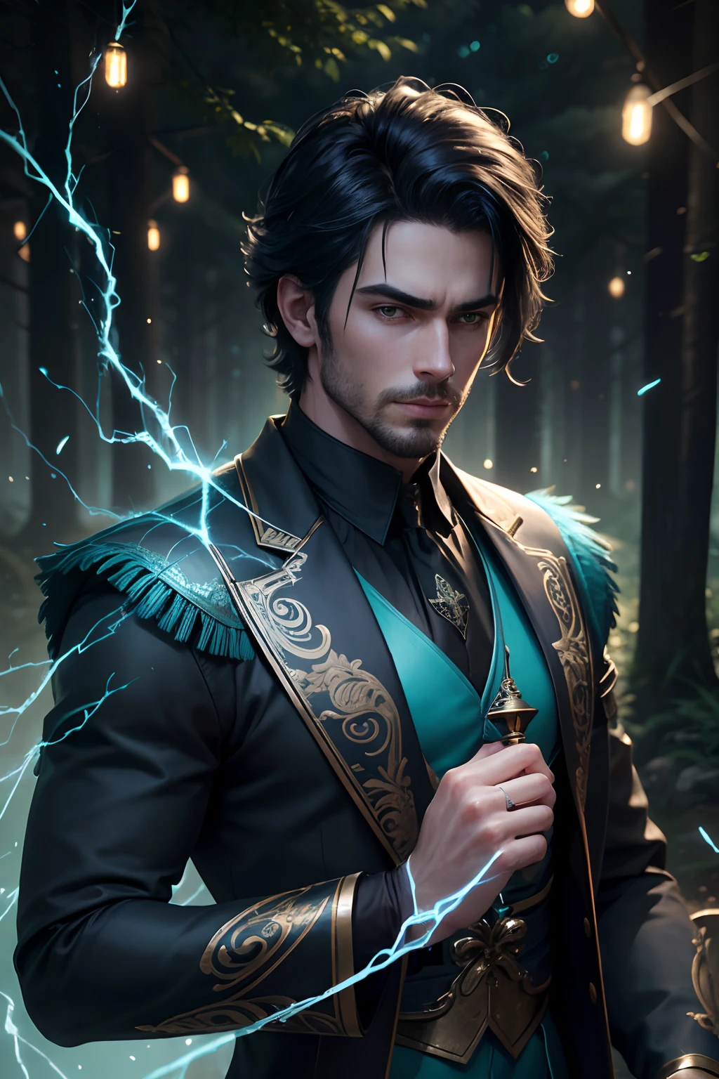 8K,Photorealsitic, Raw photography, top-quality;1.4) ,　(One adult male),　Super handsome without a beard,　(Lifelike face),　blue-black hair,　Handsome prince,　Cyan silk robe,　green decoration, glares,　holding a staff,　forests,　realisitic,　Precise details,　unrealengine,　Beautiful expression,　Details of each part,　electricity glows in the palm(effect),　super high resolution,　A hyper-realistic,　attractive male,　real looking skin,　Fantasy Emperor,　Handsome man, wind magic, water magic, forest at night, stars in the sky, (straight short hair), goatee, silk floating clothes, lots of fireflies