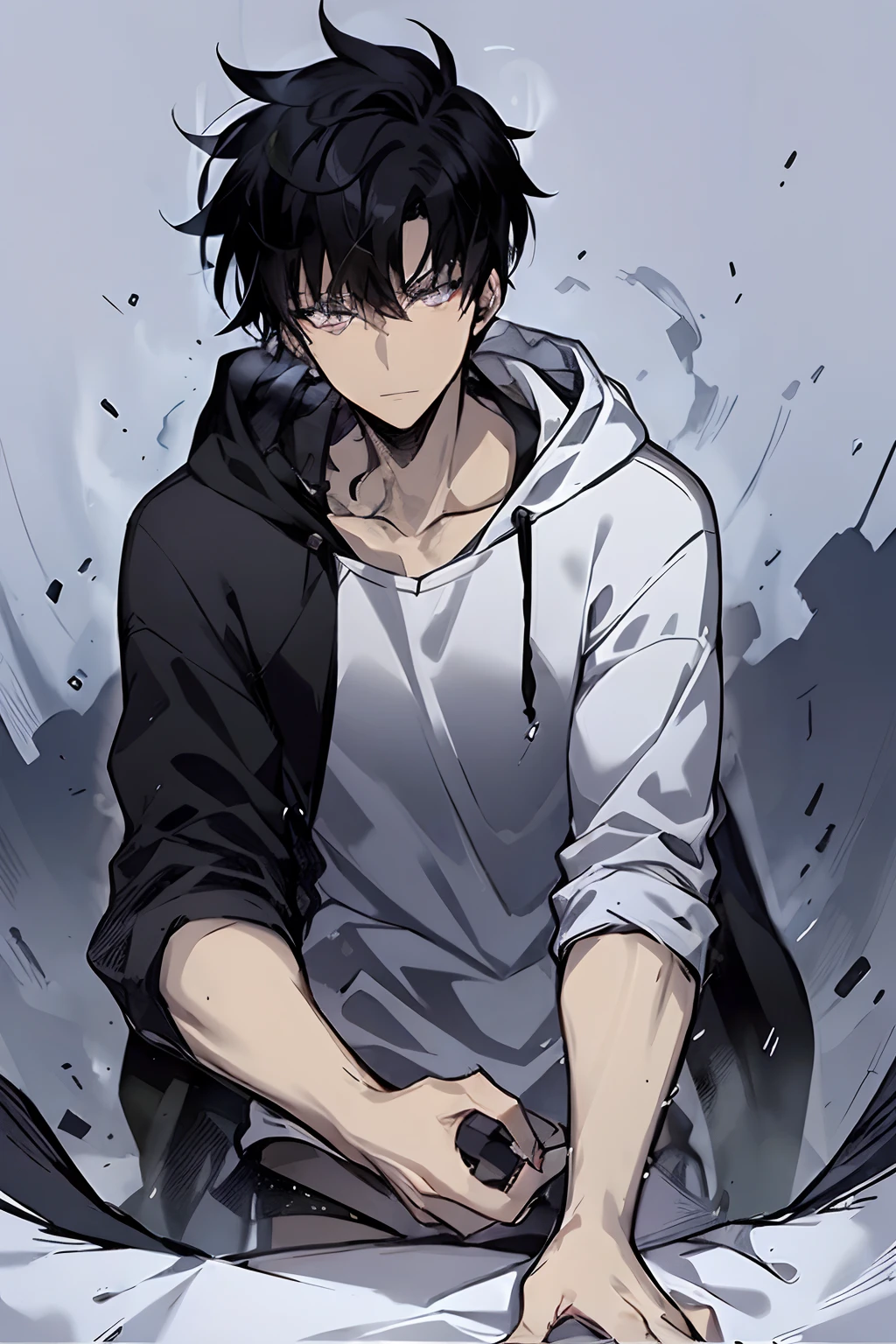 A guy with black hair and black eyes, looking at you with a smirk, wearing a hoodie, human